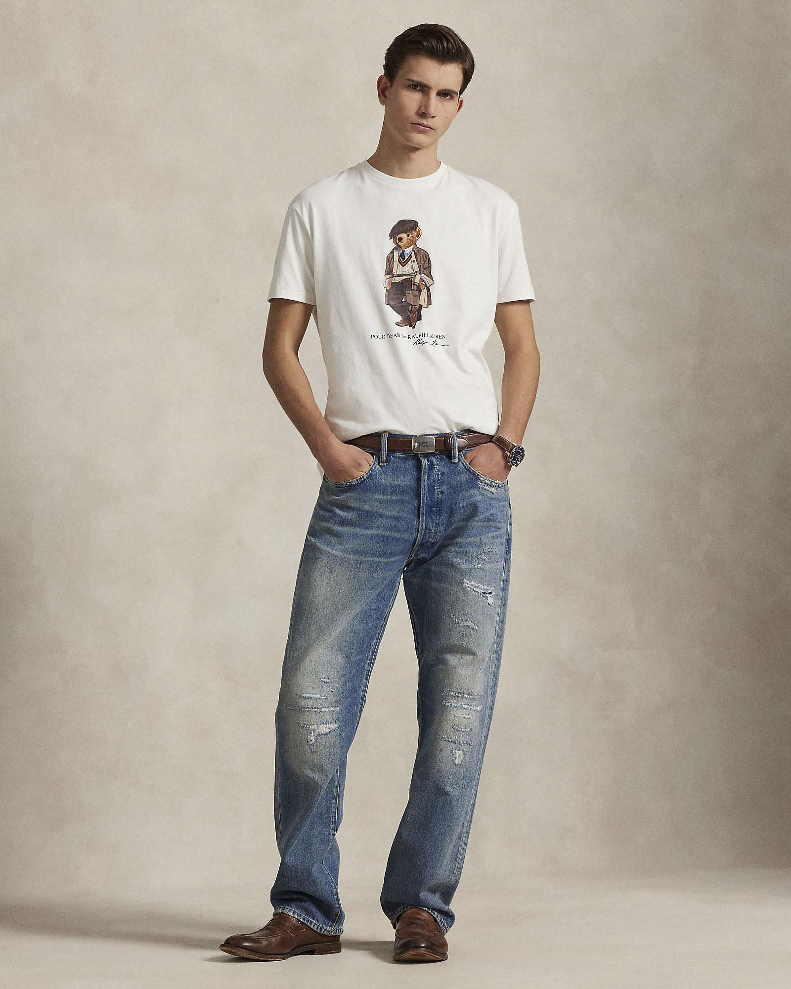 T-shirt Polo Ralph Lauren bianca mezza manica in puro cotone con maxi stampa Polo Bear frontale