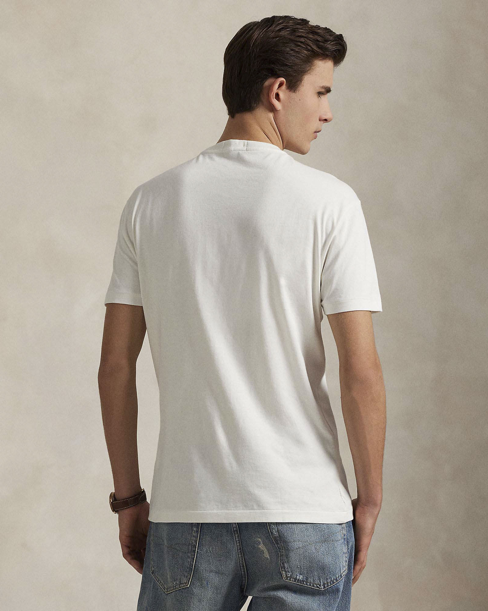 T-shirt Polo Ralph Lauren bianca mezza manica in puro cotone con maxi stampa Polo Bear frontale