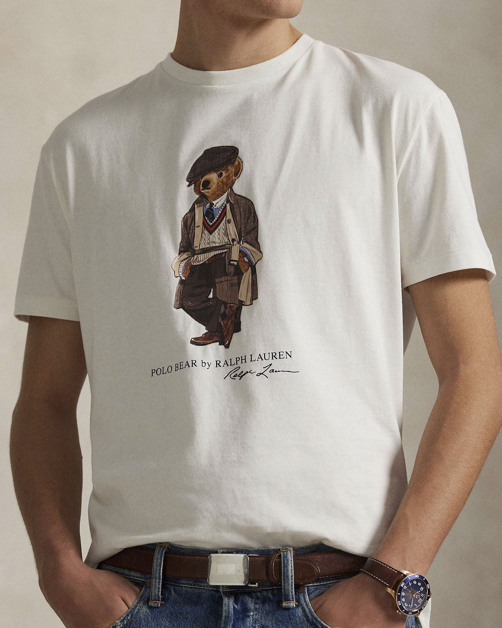 T-shirt Polo Ralph Lauren bianca mezza manica in puro cotone con maxi stampa Polo Bear frontale