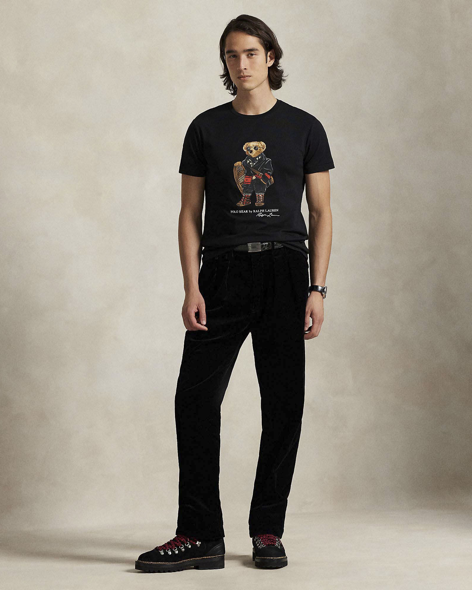 T-shirt Polo Ralph Lauren nera mezza manica in puro cotone con maxi stampa Polo Bear frontale