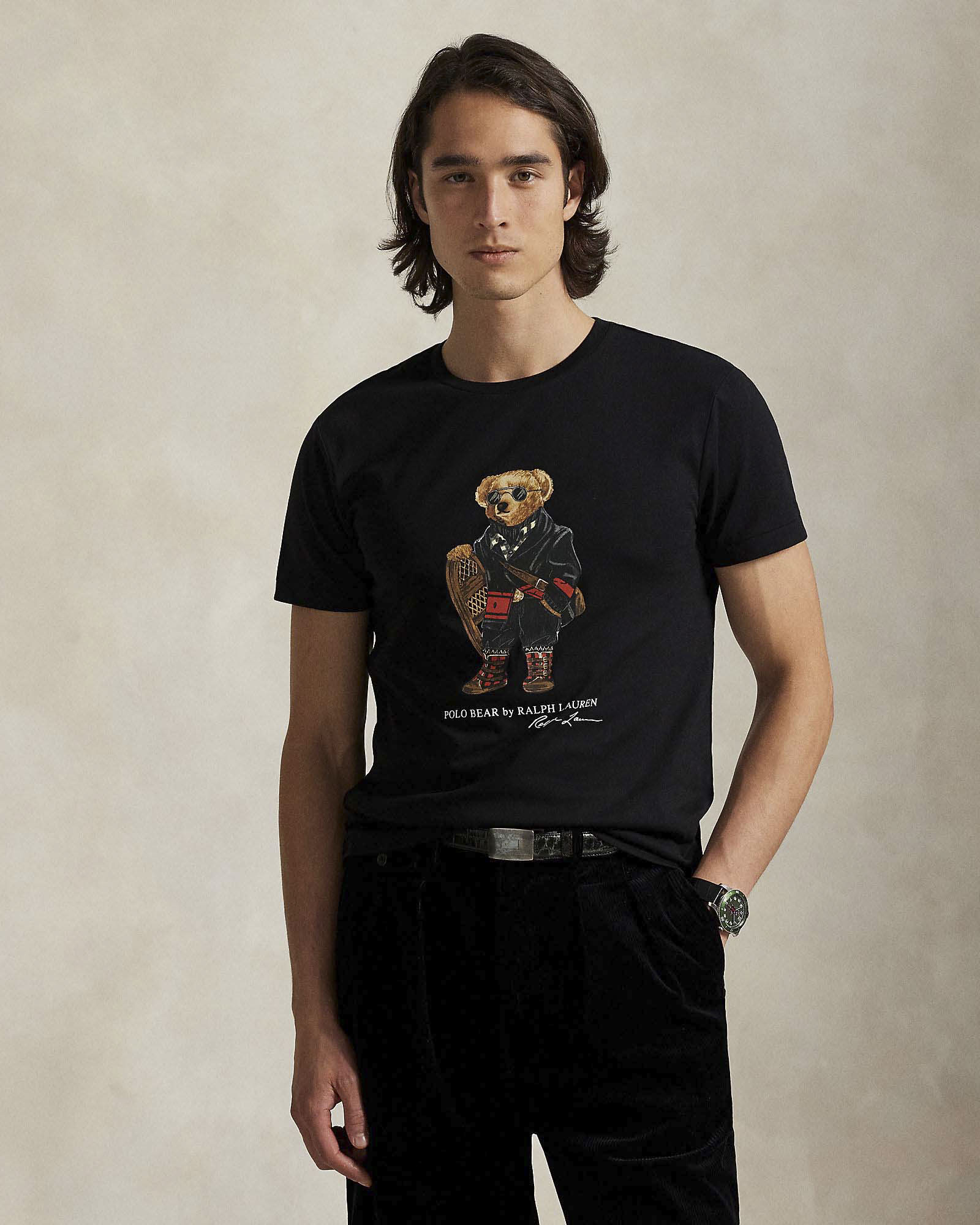 T-shirt Polo Ralph Lauren nera mezza manica in puro cotone con maxi stampa Polo Bear frontale image