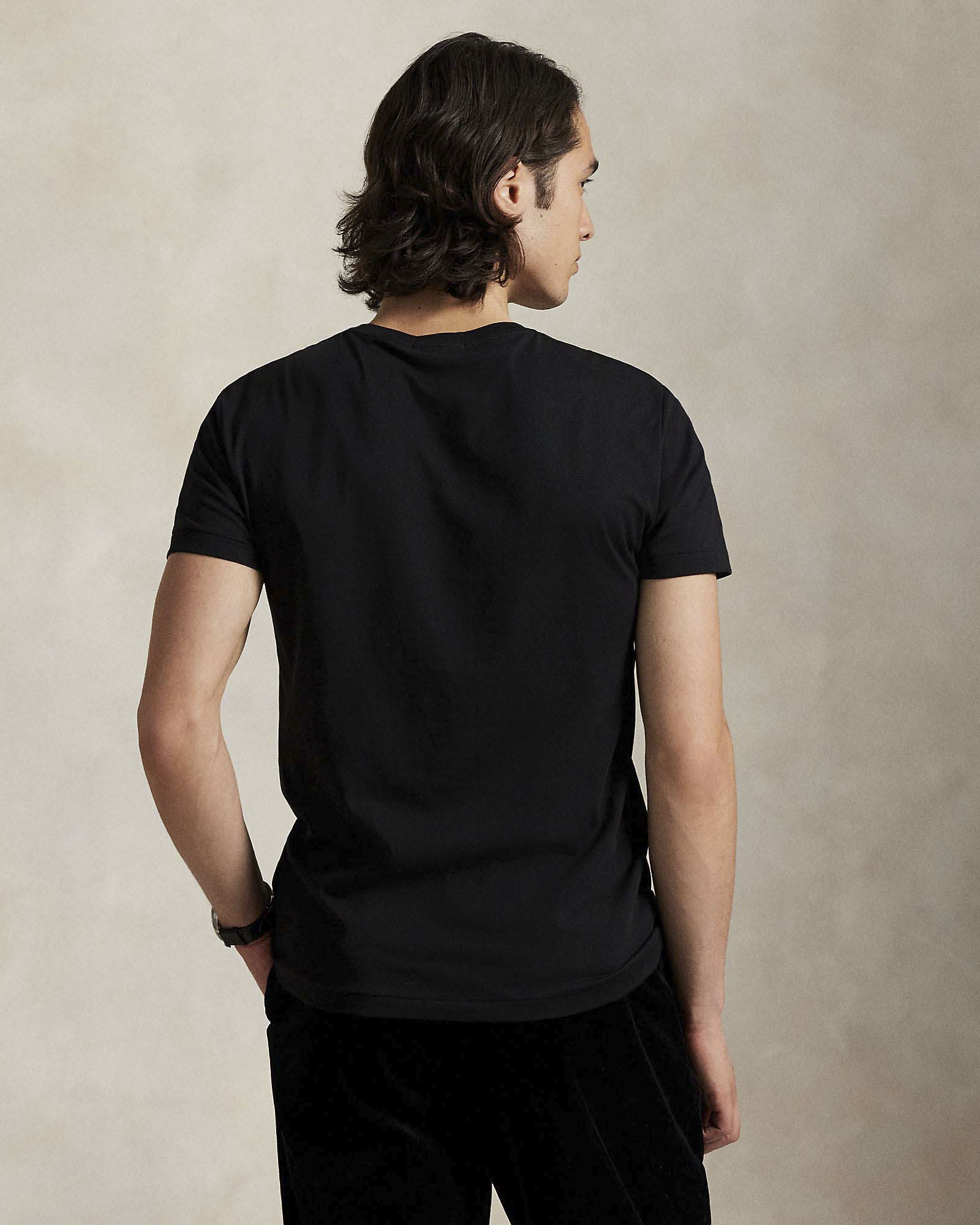 T-shirt Polo Ralph Lauren nera mezza manica in puro cotone con maxi stampa Polo Bear frontale