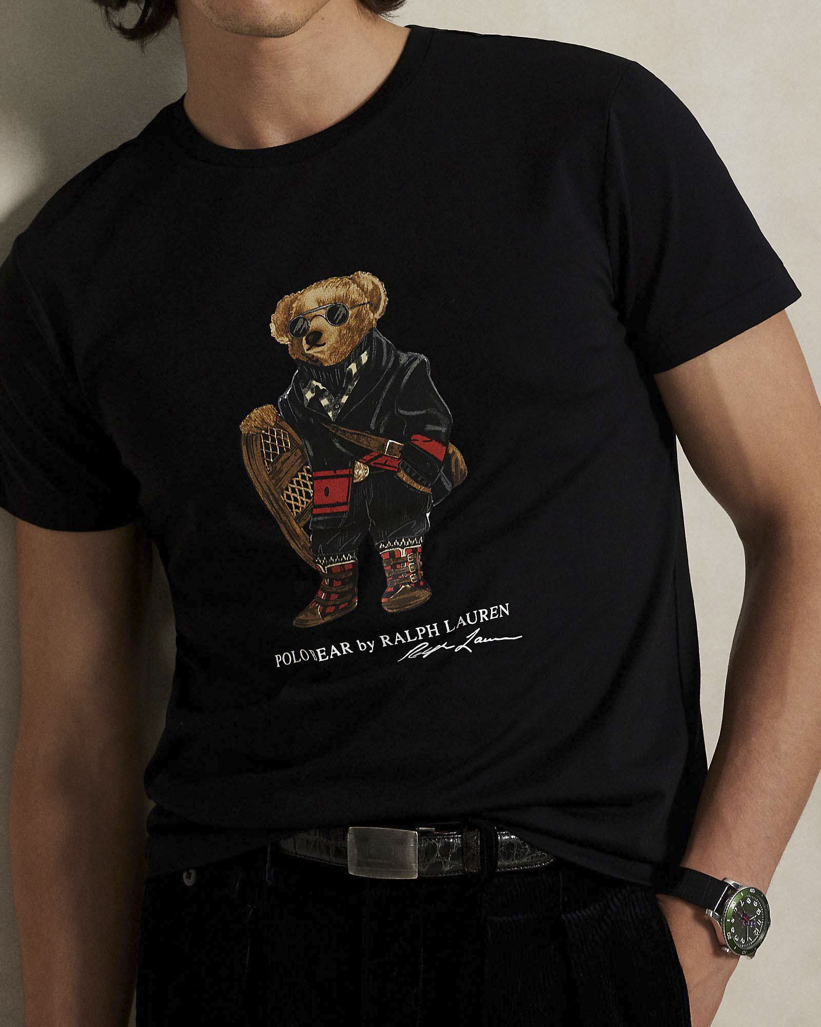 T-shirt Polo Ralph Lauren nera mezza manica in puro cotone con maxi stampa Polo Bear frontale
