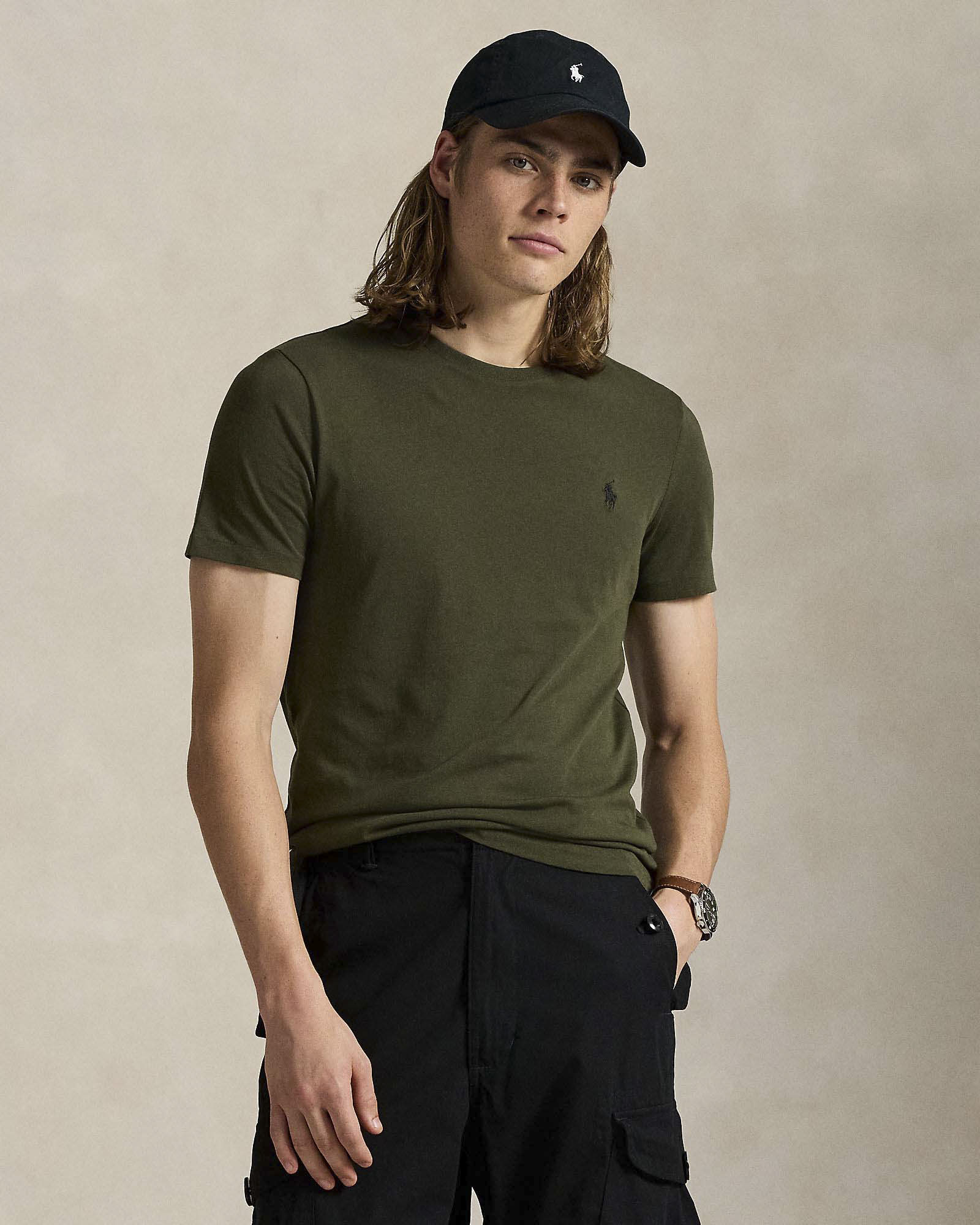 T-shirt Polo Ralph Lauren verde militare custom slim-fit in puro cotone con logo pony nero ricamato sul petto