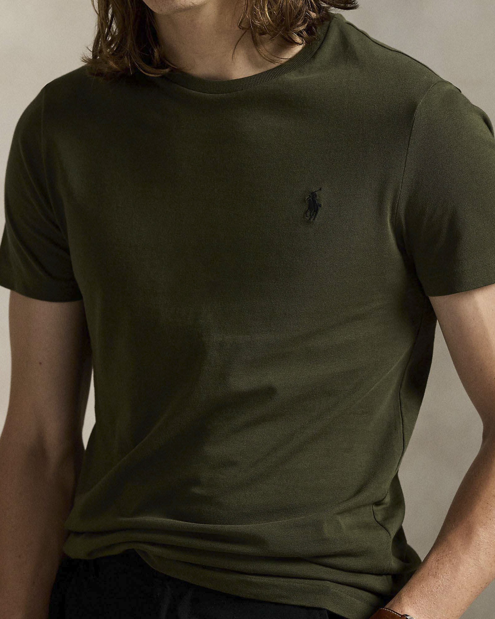 T-shirt Polo Ralph Lauren verde militare custom slim-fit in puro cotone con logo pony nero ricamato sul petto