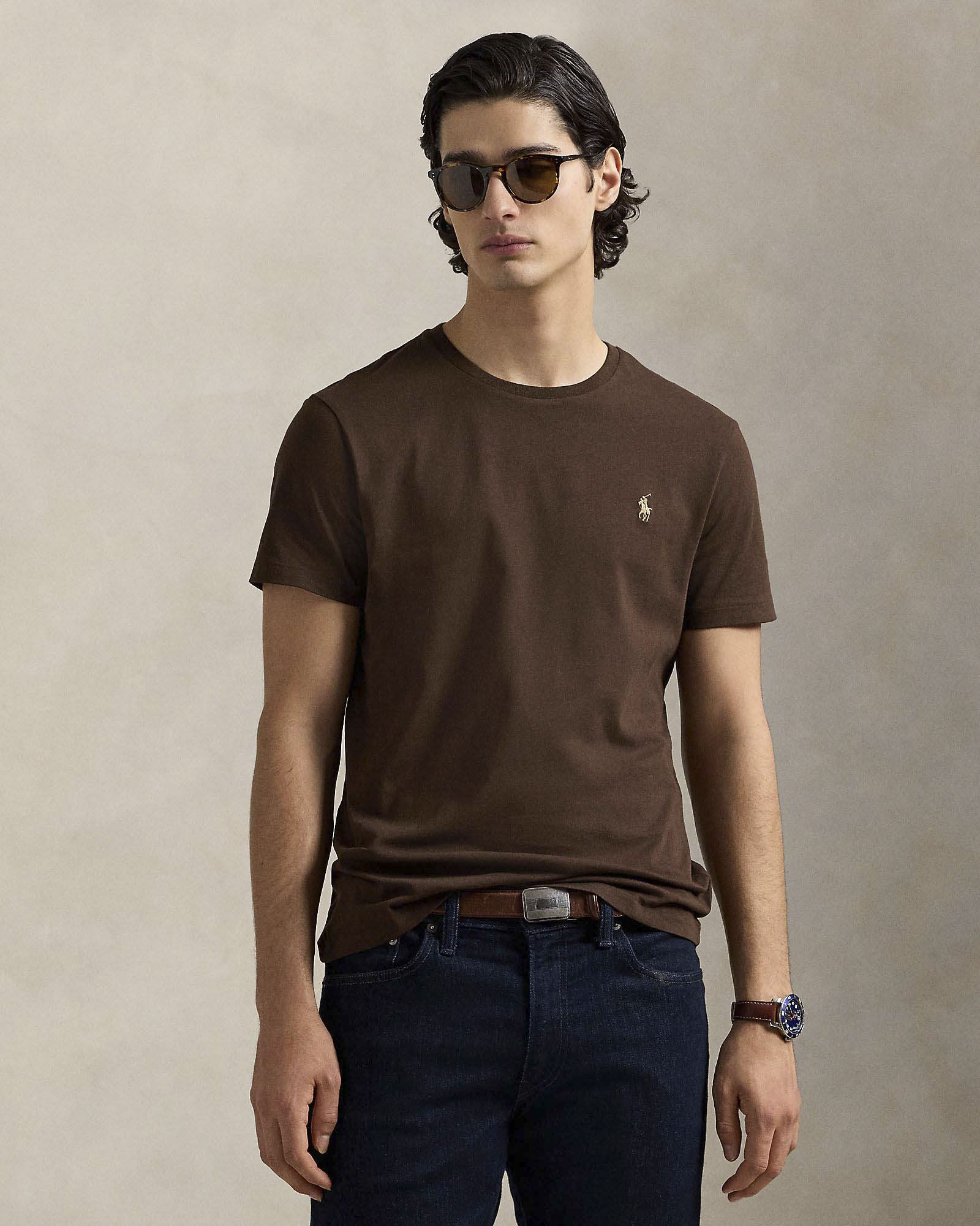 T-shirt Polo Ralph Lauren marrone custom slim-fit in puro cotone con logo pony bianco ricamato sul petto image