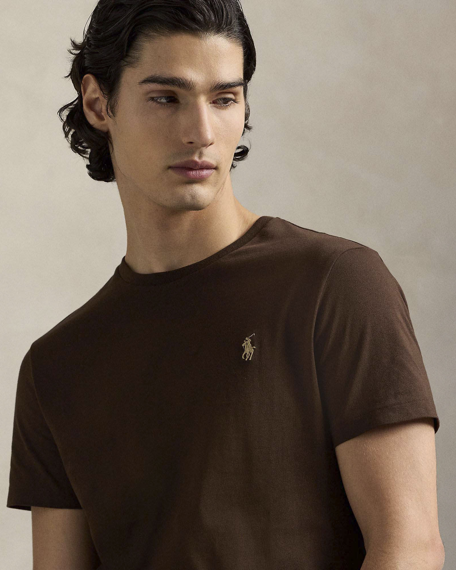 T-shirt Polo Ralph Lauren marrone custom slim-fit in puro cotone con logo pony bianco ricamato sul petto