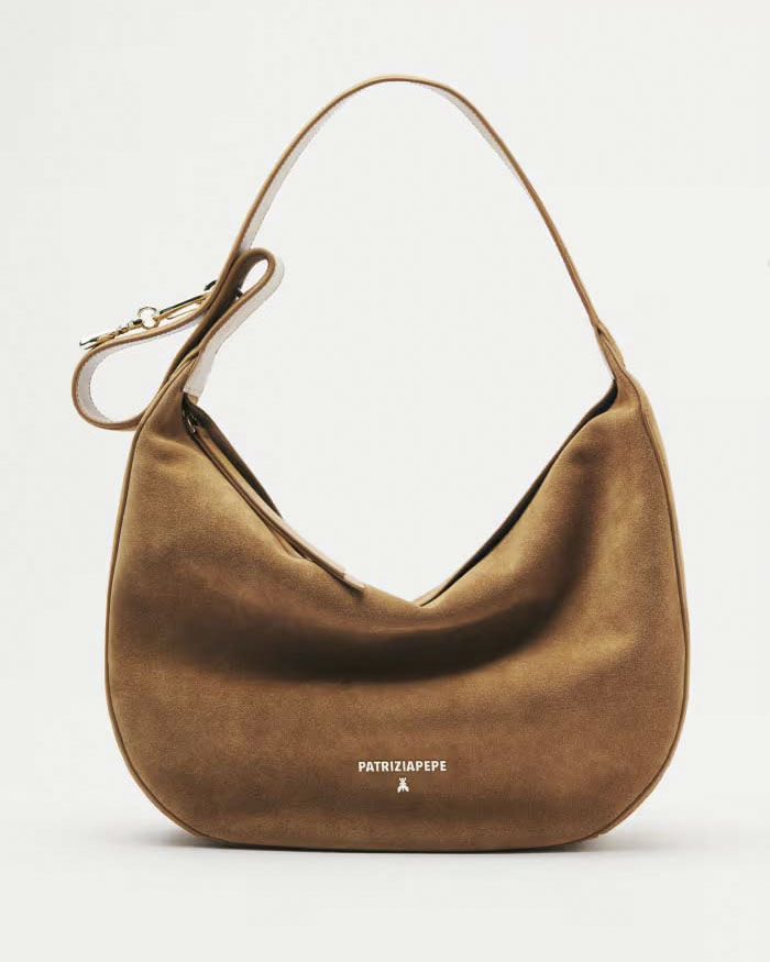 Hobo bag New Moon Patrizia Pepe in pelle scamosciata color cuoio con portachiavi Fly