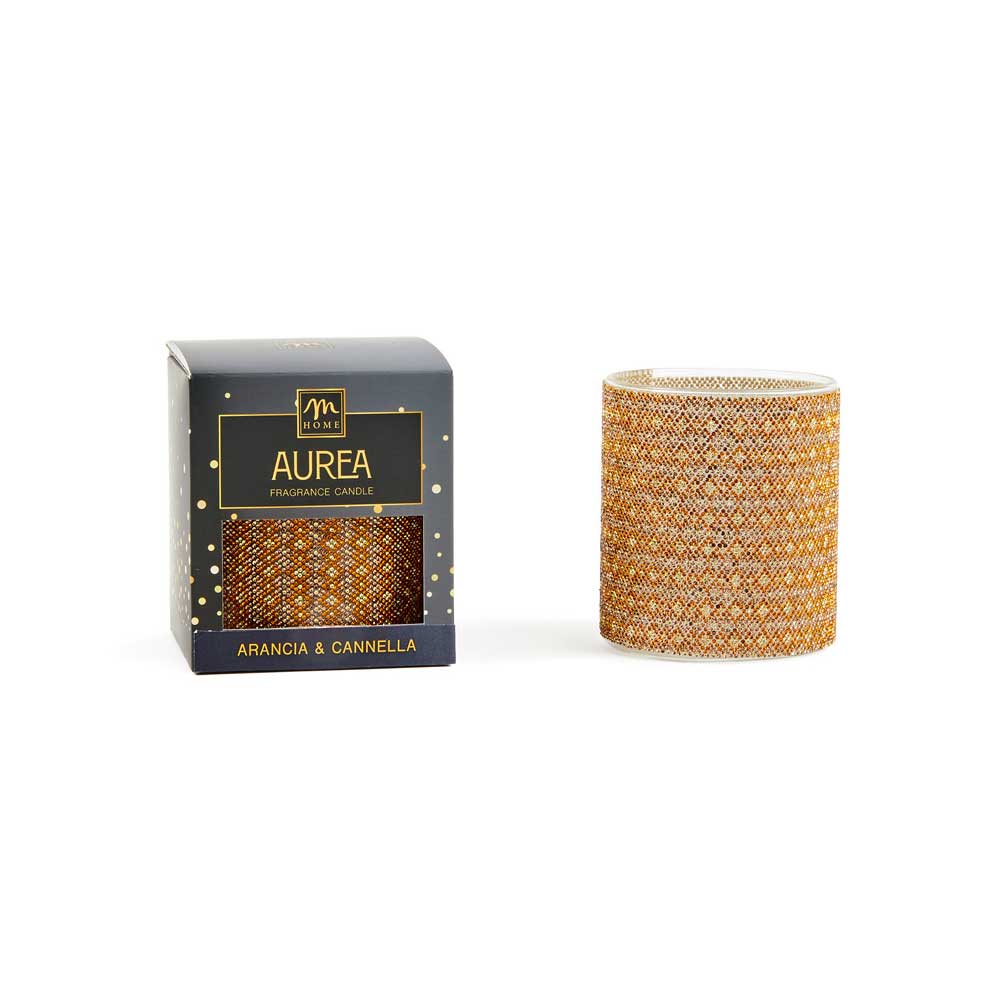 Mercury Aurea Candela Strass In Vetro 380 Gr Diametro 8,7x10h Cm Fragranza Arancia E Cannella Colore Oro