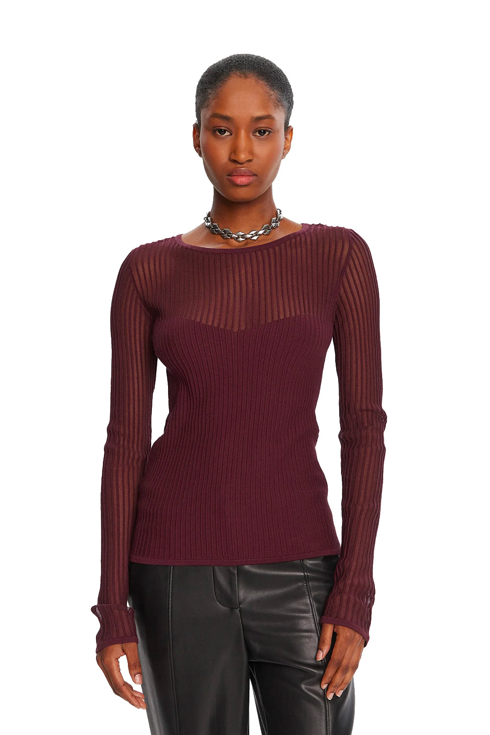 Maglia Aderente a Costine con Dettagli Trasparenti