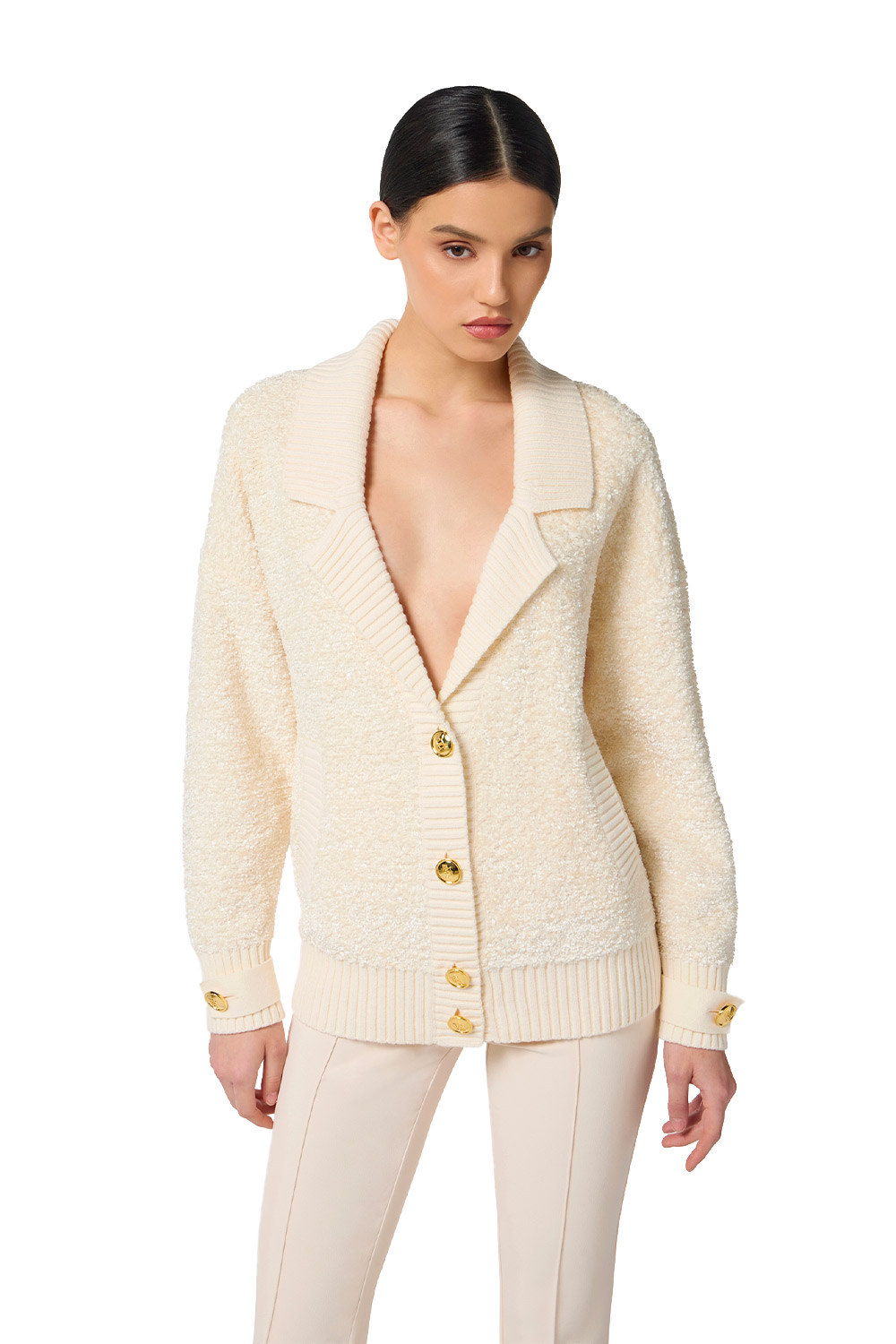 Cardigan in Ciniglia Bouclé con Bottoni Gioiello