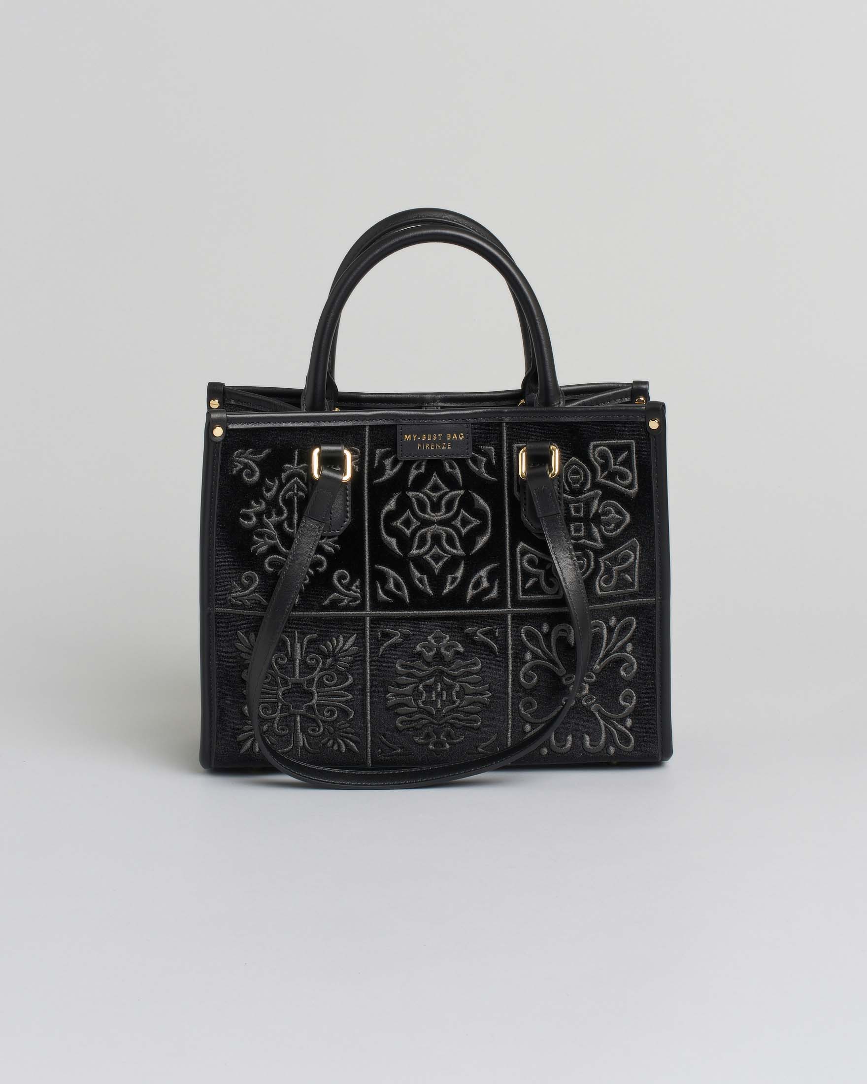Borsa nera misura media My Best Bag in tessuto con ricami a