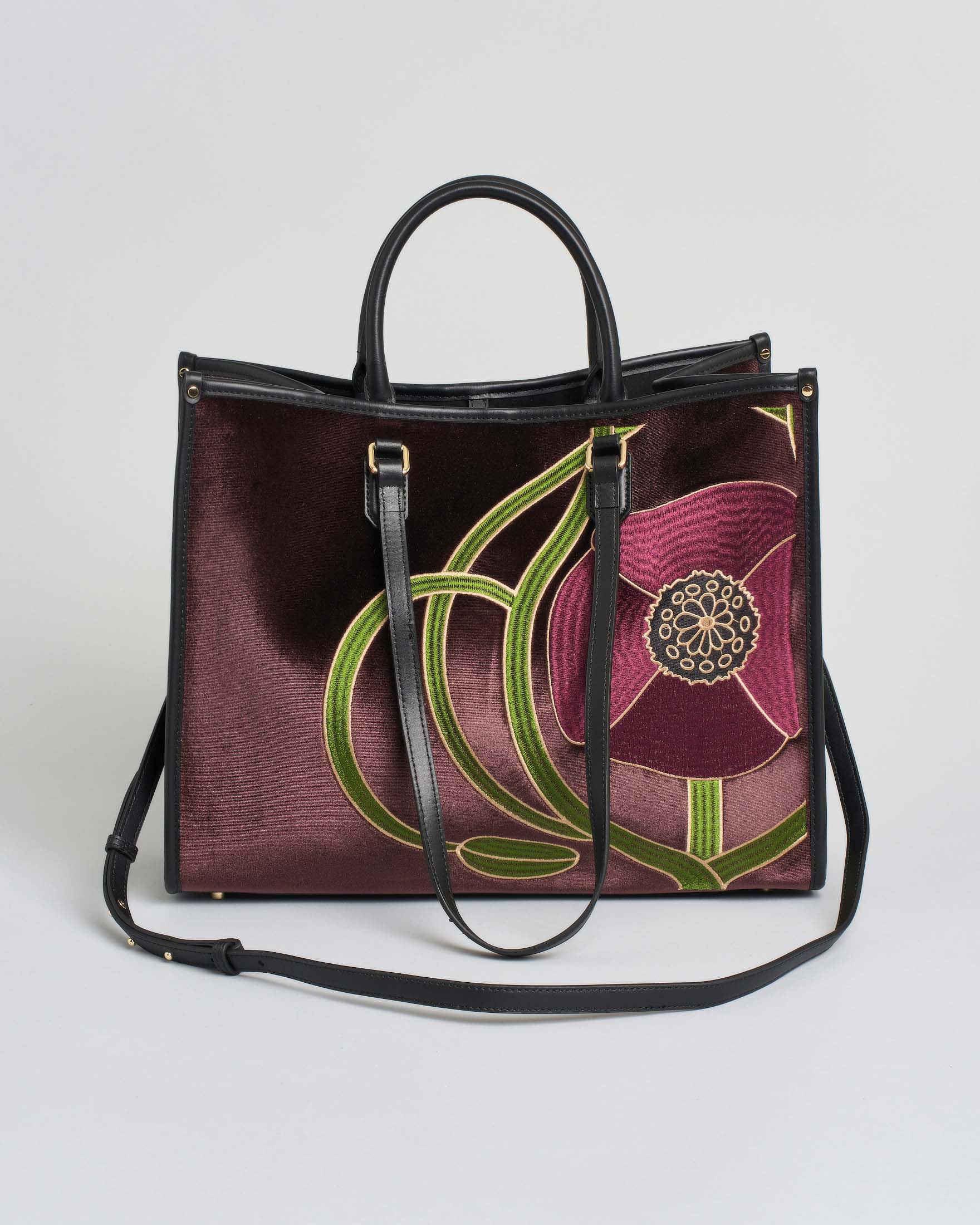 Borsa grande bordeaux My Best Bag in tessuto semilucido con ricami