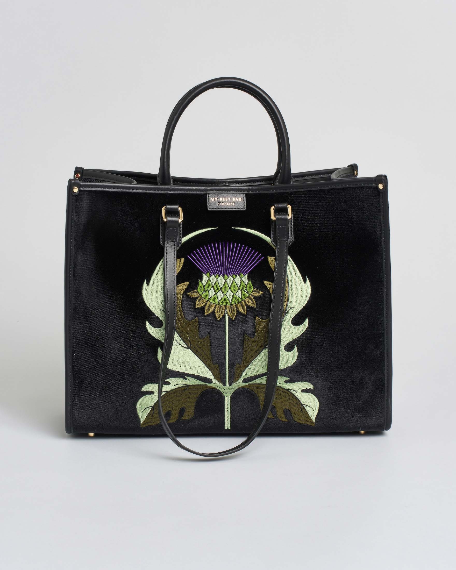 Borsa grande nera My Best Bag in tessuto semilucido con ricami