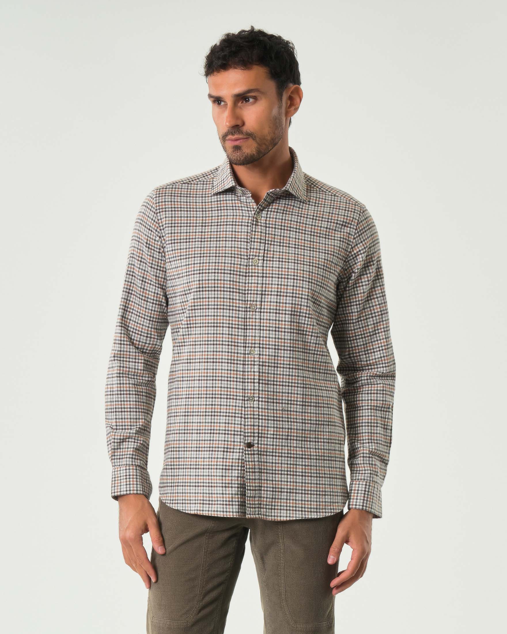 Camicia a quadretti grigi moro e arancio in flanella di puro cotone