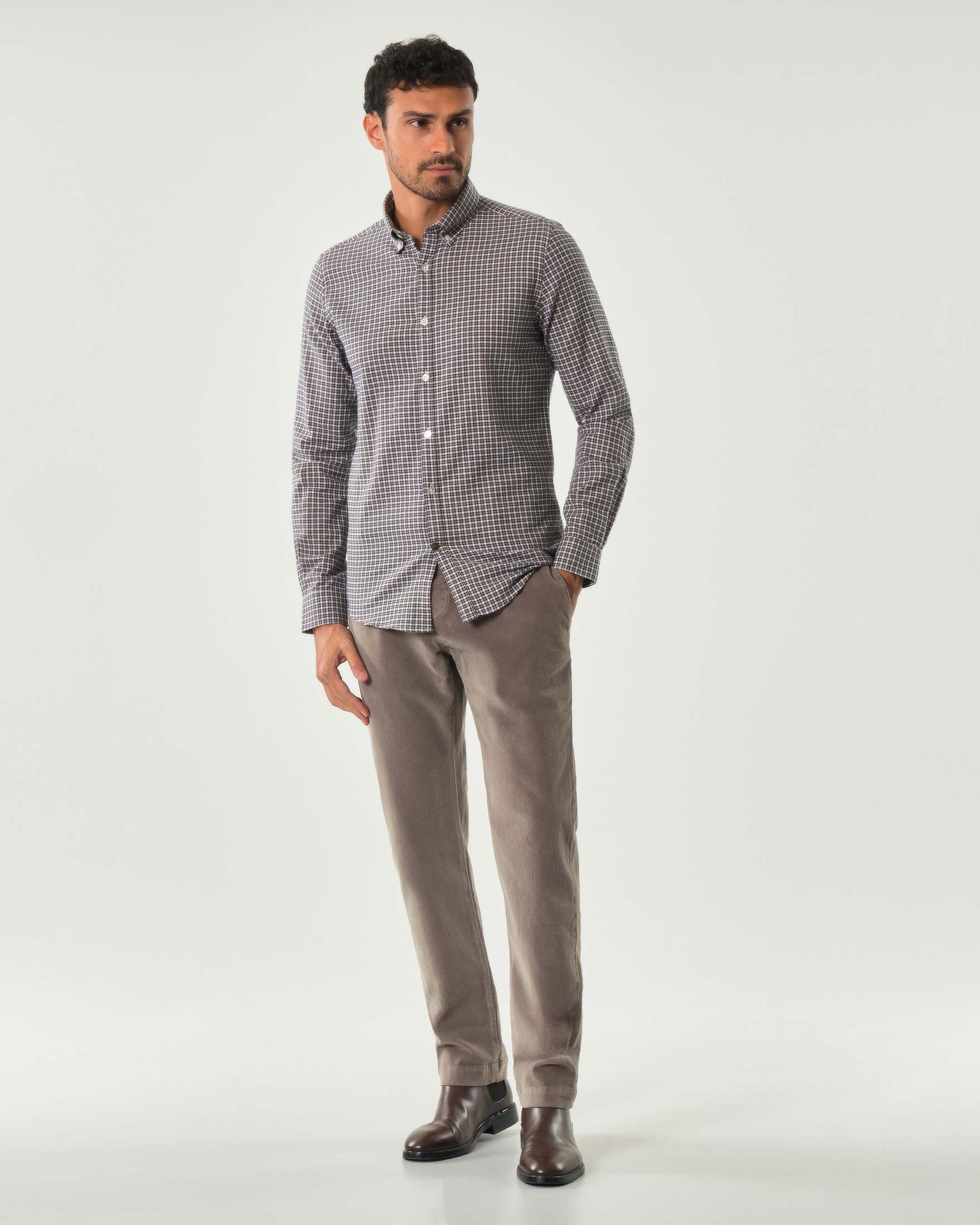 Camicia a quadretti bianchi e marroni in flanella di puro cotone con colletto button down
