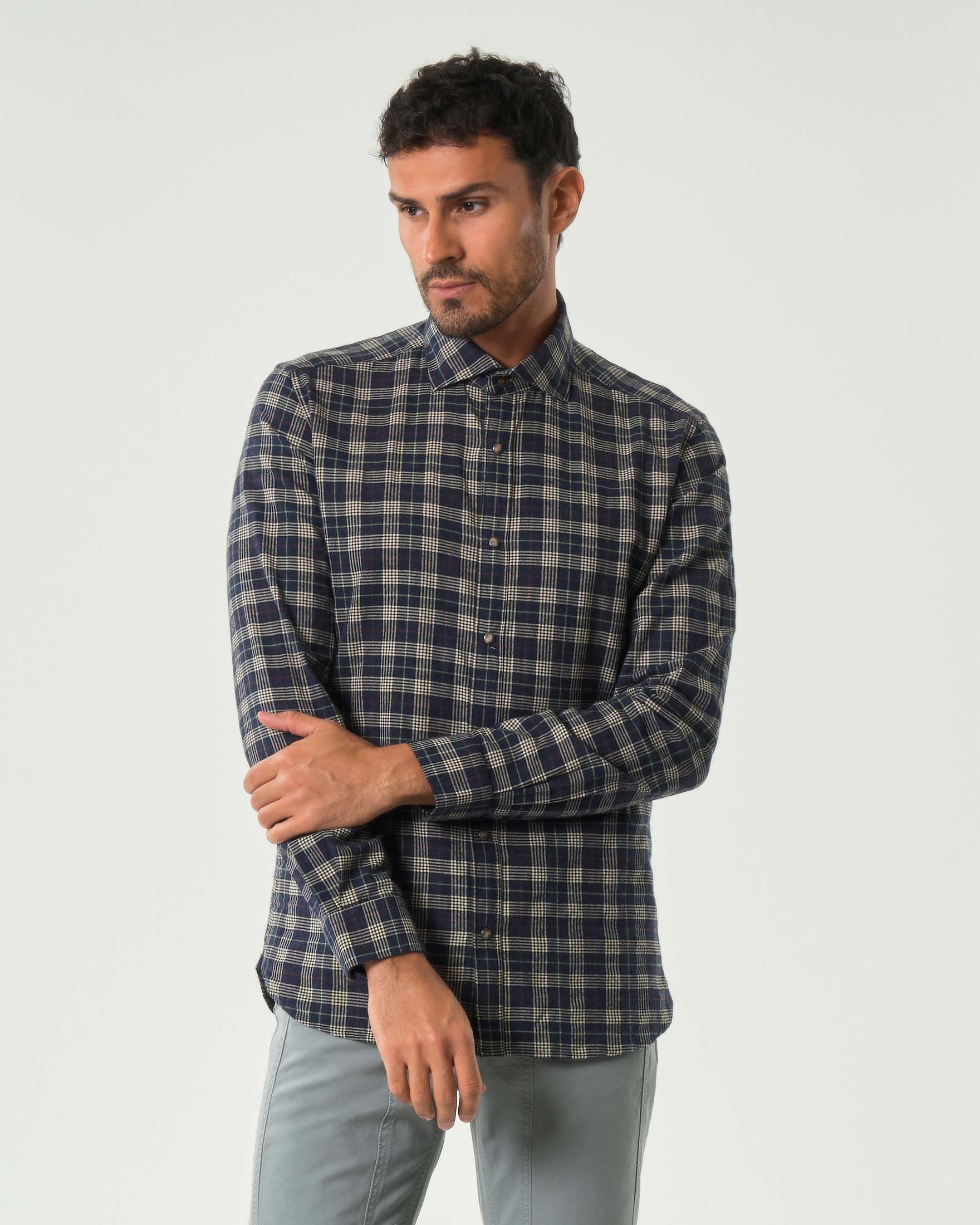 Camicia a quadretti blu e beige in flanella di puro cotone con bottoni automatici
