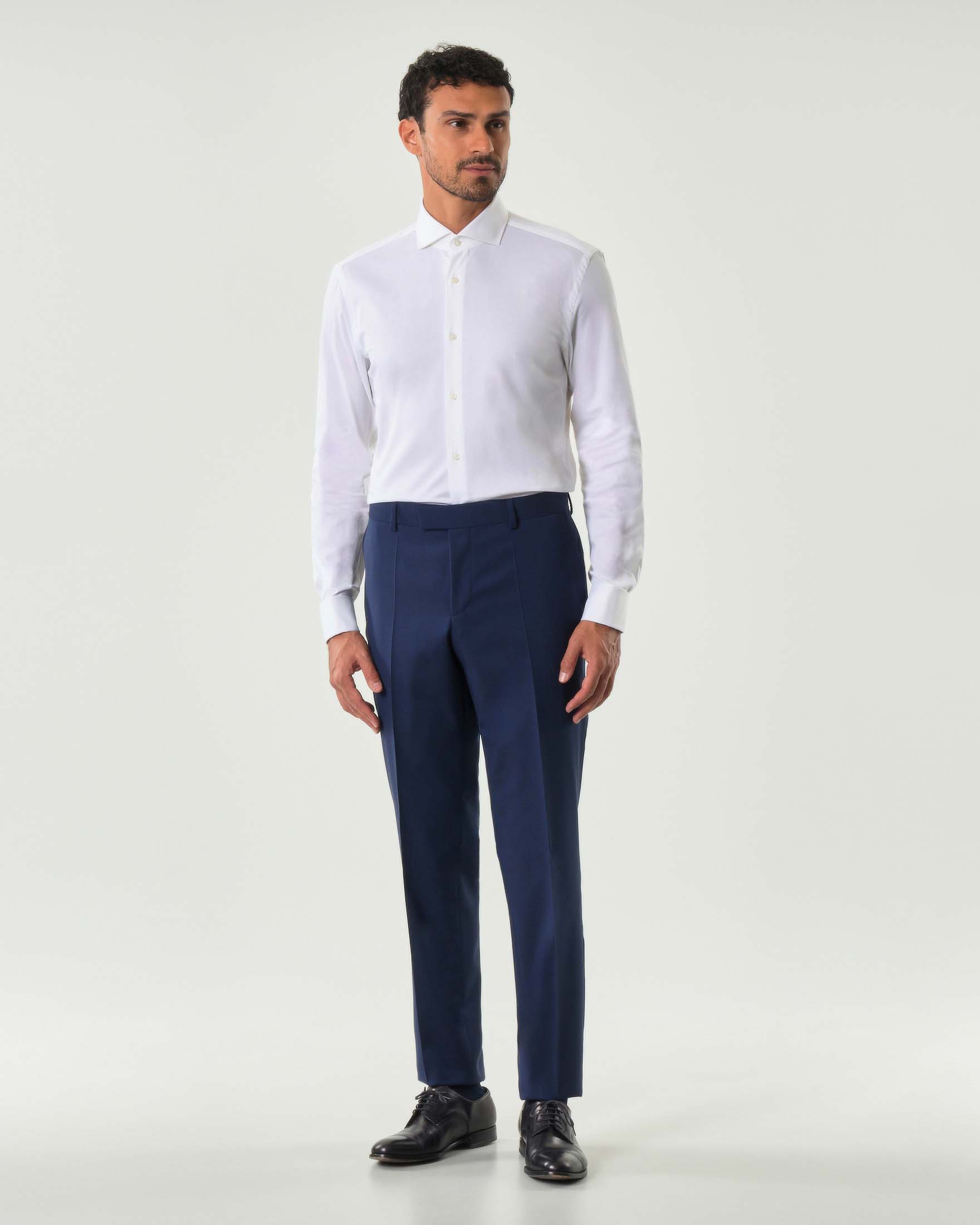 Camicia Spread bianca in micro piquè di cotone stretch con colletto aperto alla francese e polso doppio