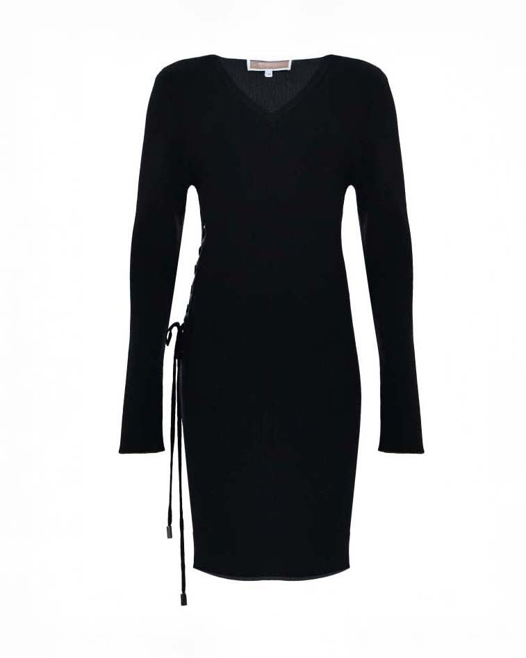 Abito midi Kocca nero a maniche lunghe con spacco e lacci in misto viscosa