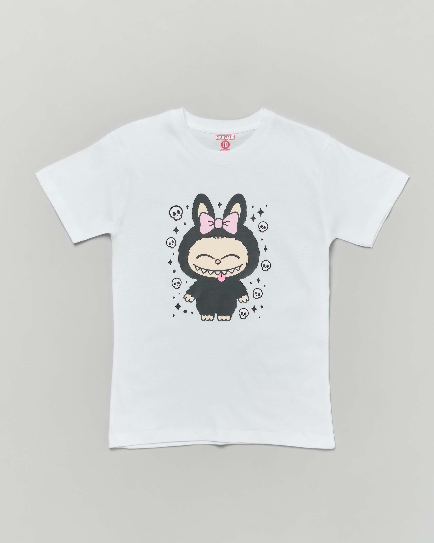 T-shirt Mousse bianca in cotone con stampa Labubu teschietti