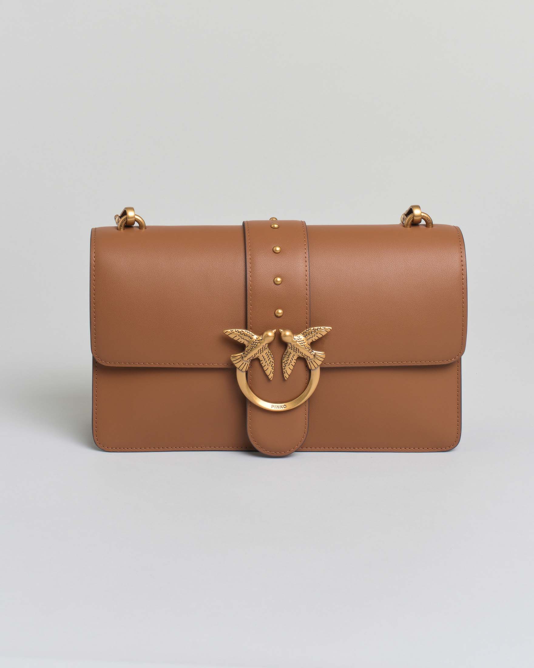 Classic Love Bag One color cuoio in pelle liscia con fibbia Love Birds dorata e tracolla a catena rimovibile