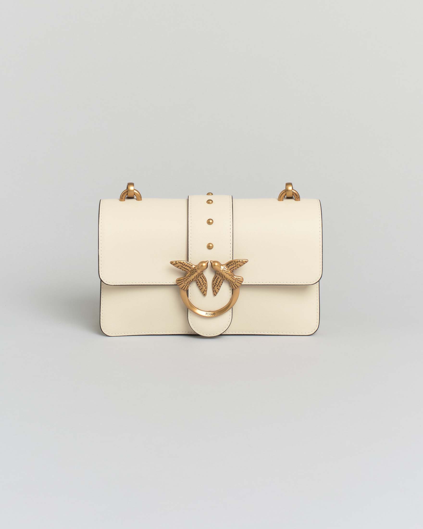 Mini Classic Love Bag One bianca in pelle liscia con fibbia Love Birds dorata e tracolla a catena rimovibile