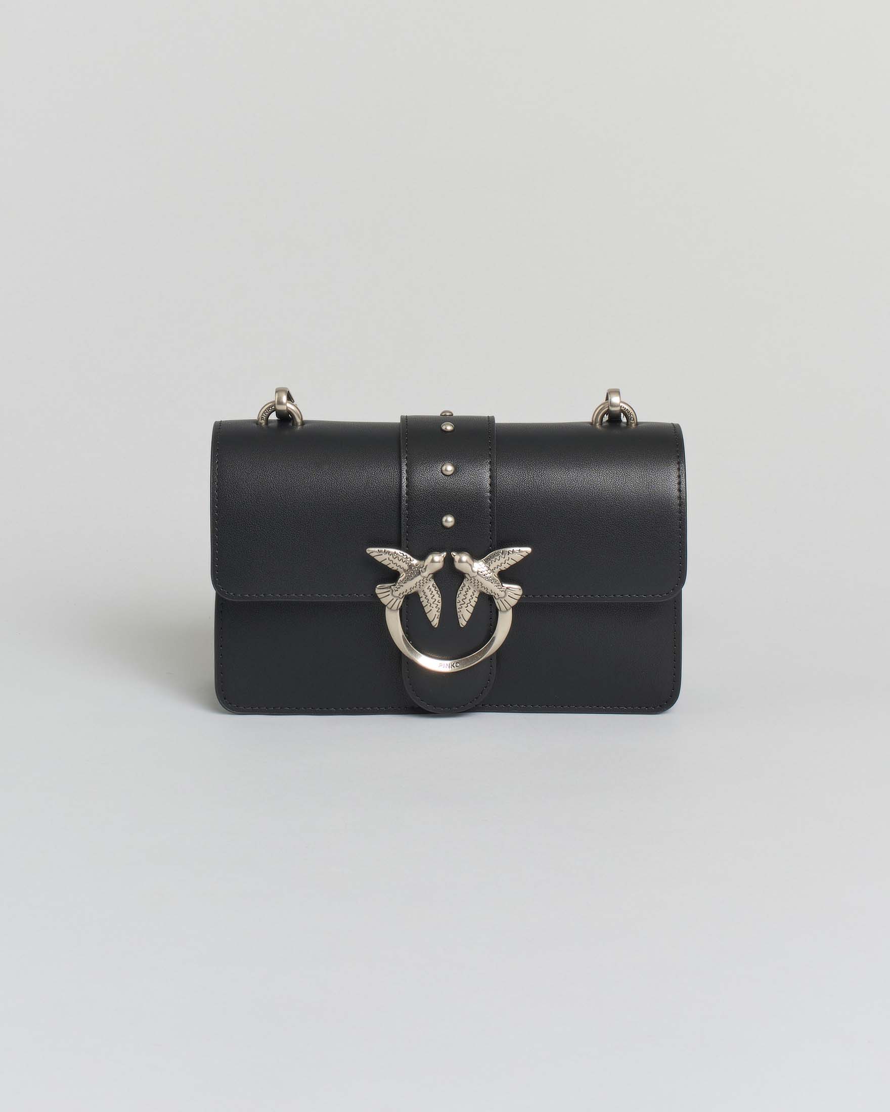 Mini Classic Love Bag One color nera in pelle liscia con fibbia Love Birds argento e tracolla a catena rimovibile