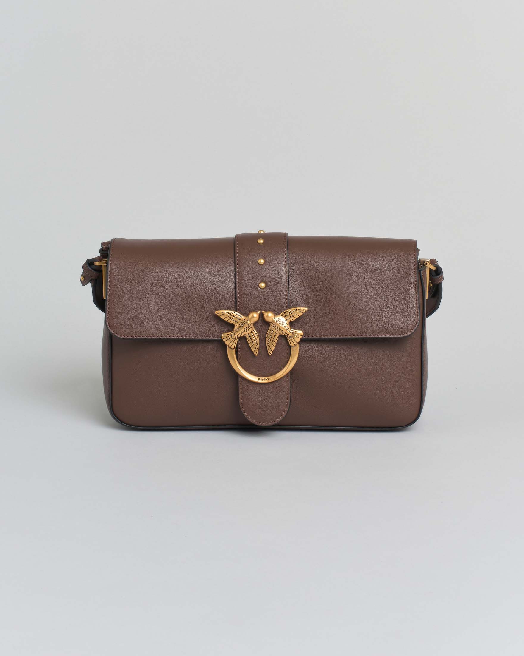 Classic Love Bag One Slouchy Pinko marrone in pelle liscia con fibbia Love Birds dorata