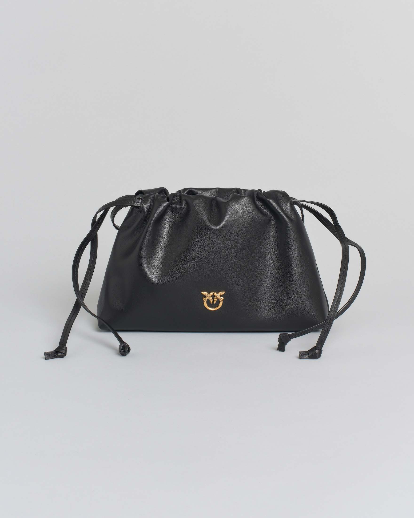 Mini sacchetto nero Pinko in pelle con chiusura arricciata con doppia tracolla a coulisse