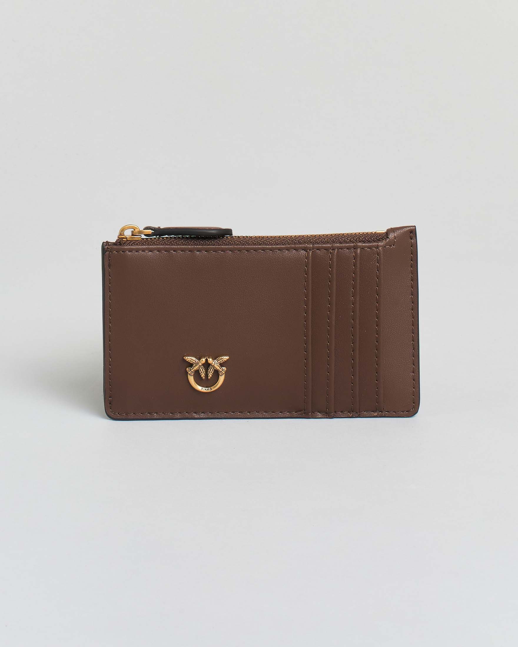 Porta carte di credito Pinko marrone in pelle con fibbia Lover Birds dorata
