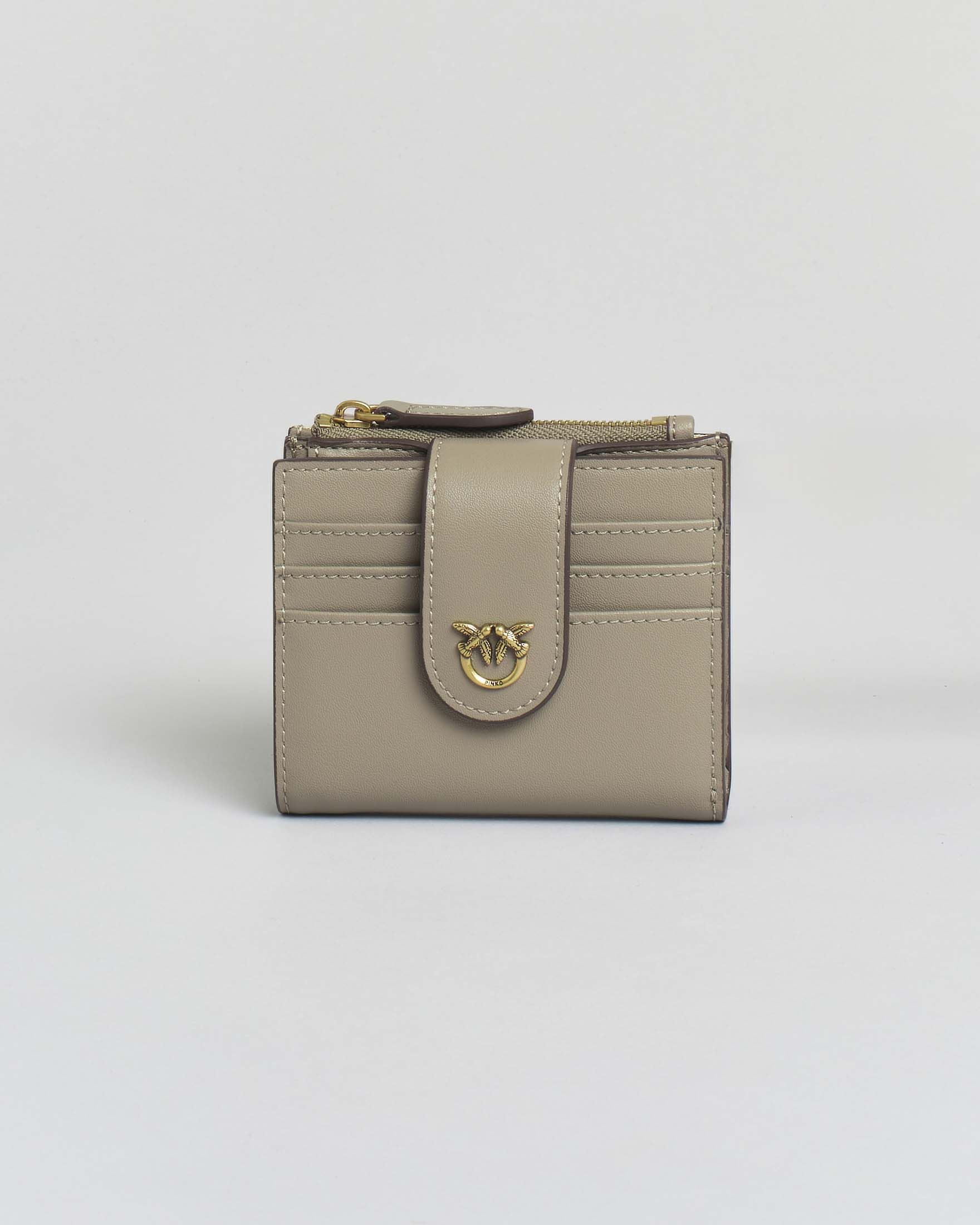 Portafoglio piccolo color tortora Pinko in pelle liscia con chiusura a listino e logo Love Birds dorata