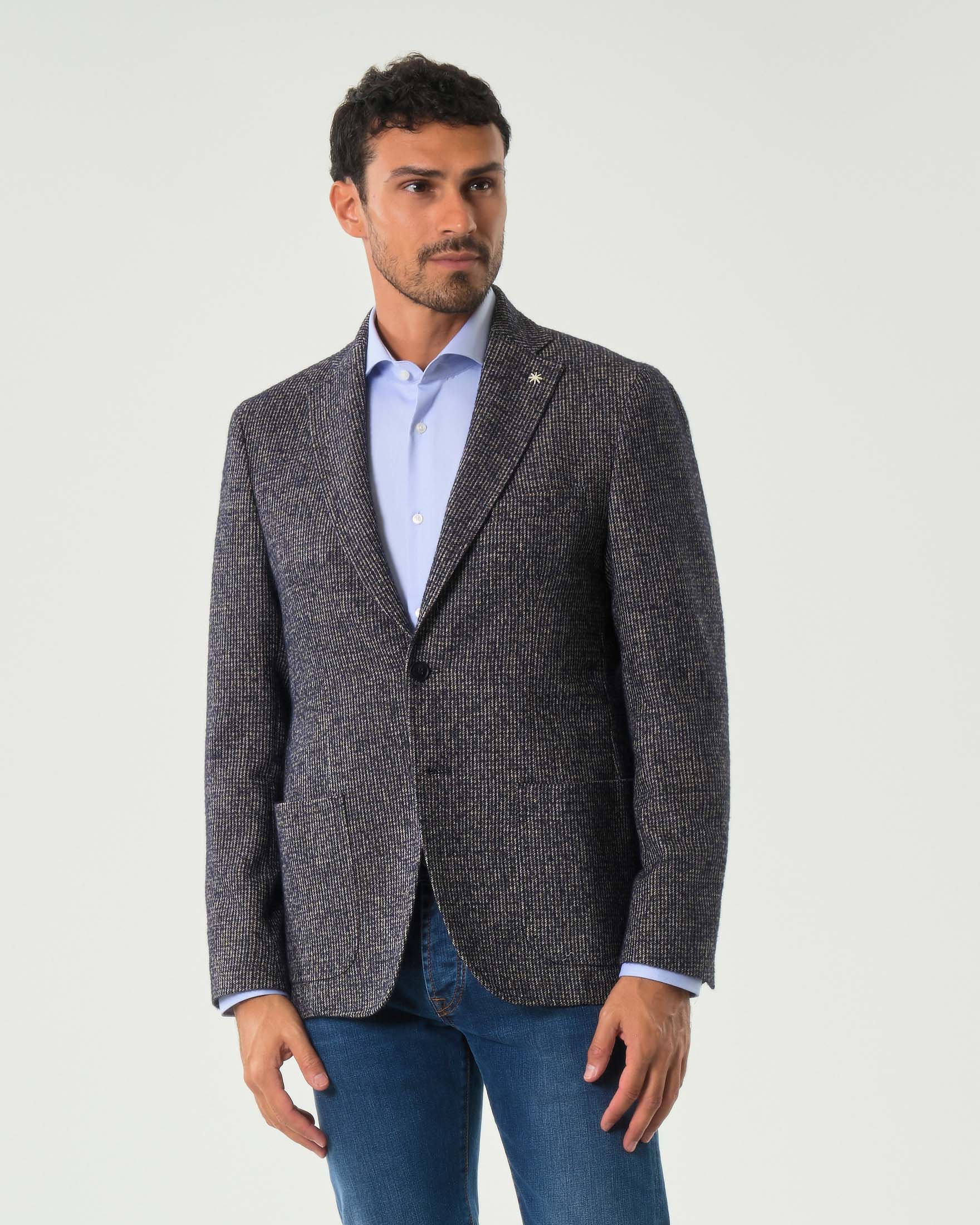 Blazer monopetto Manuel Ritz blu e marrone slim-fit in bouclé di misto cotone e lana bicolore con tasche a toppa