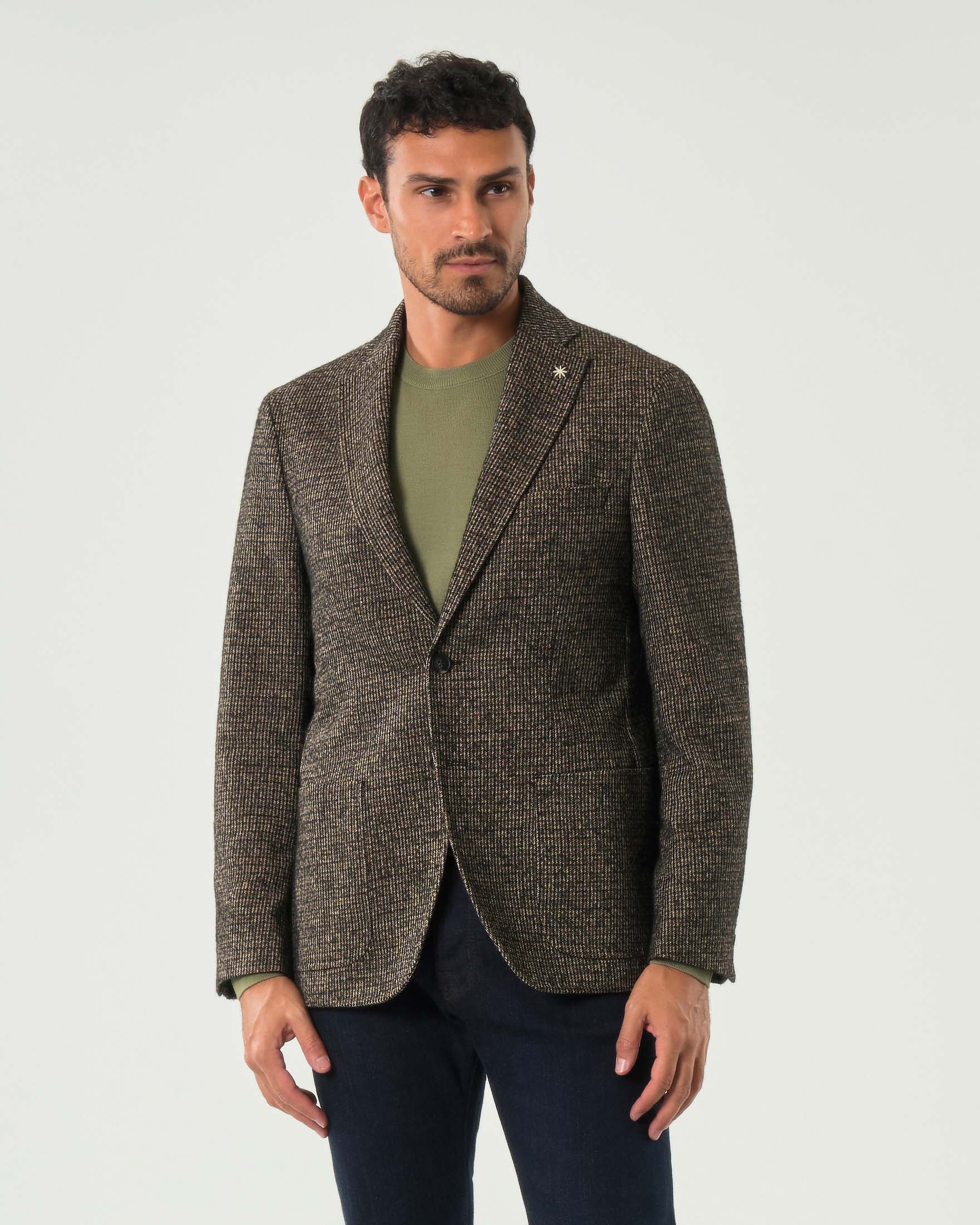 Blazer monopetto nero e marrone slim-fit in bouclé di misto cotone e lana bicolore con tasche a toppa