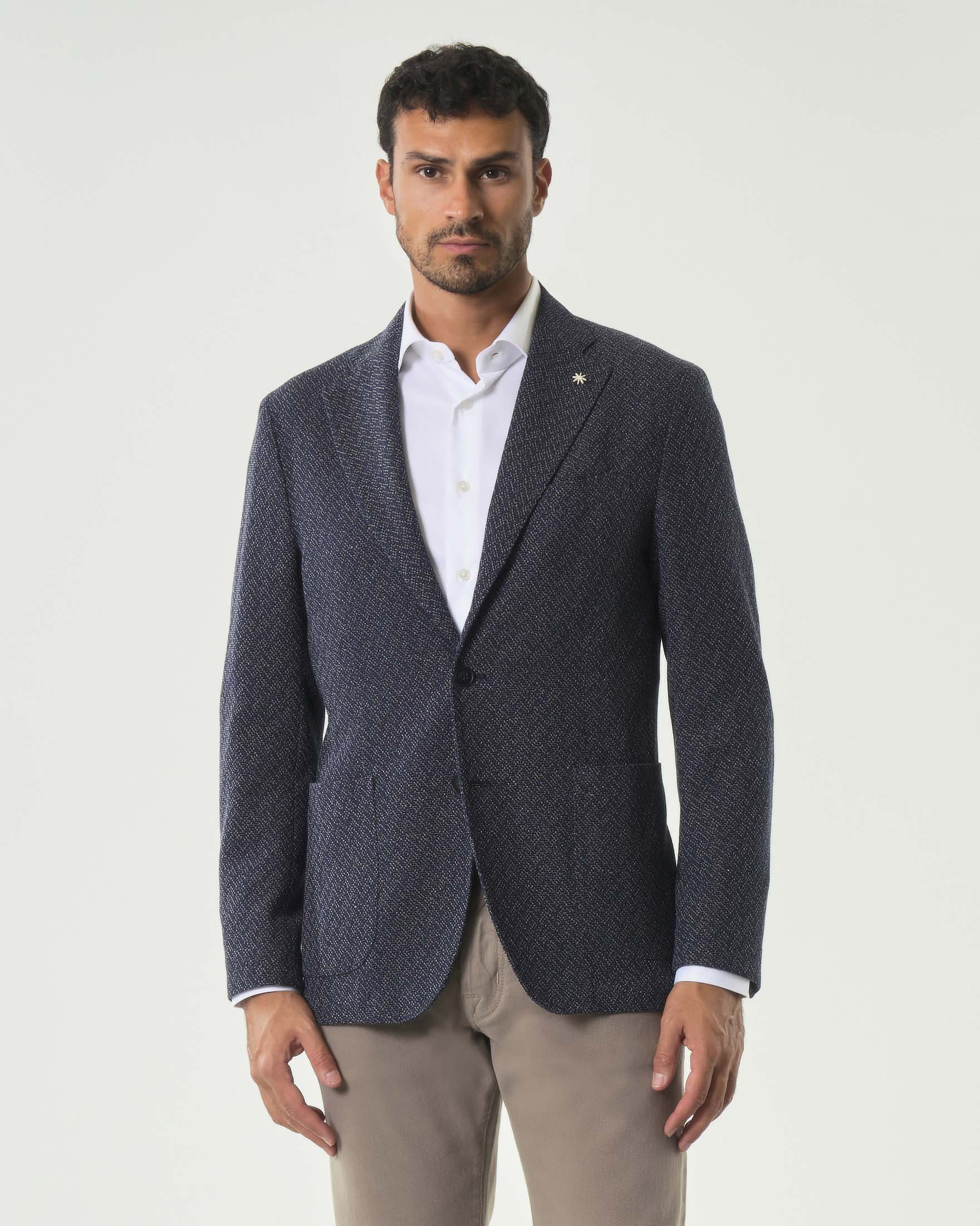 Blazer monopetto blu micro armatura slim-fit in misto cotone con tasche a toppa