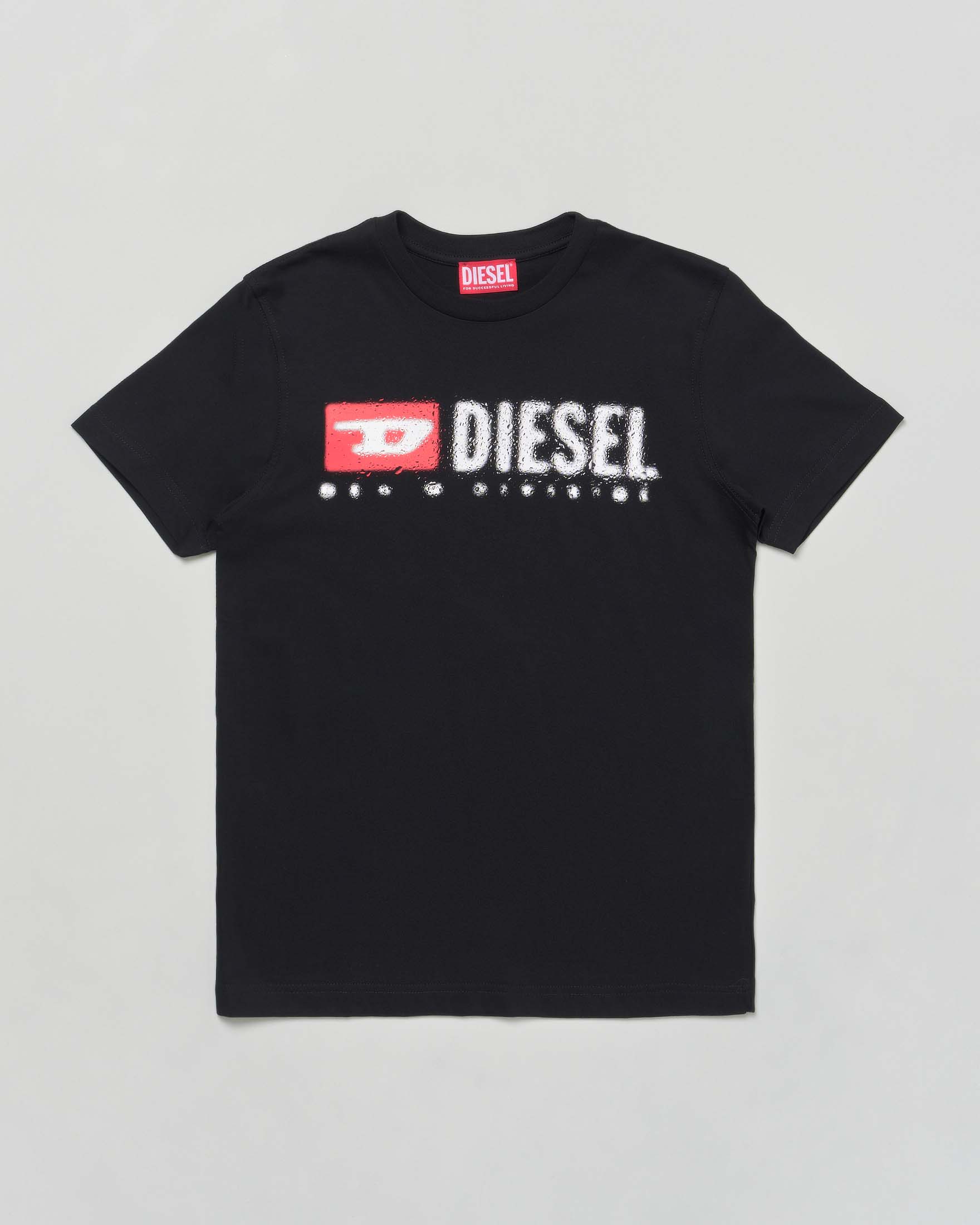 T-shirt Diesel nera mezza manica in cotone con logo pioggia bianco