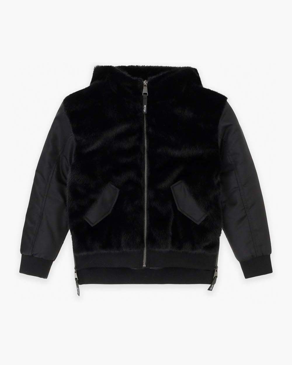Bomber Dixie nero in ecopelliccia e nylon con cappuccio