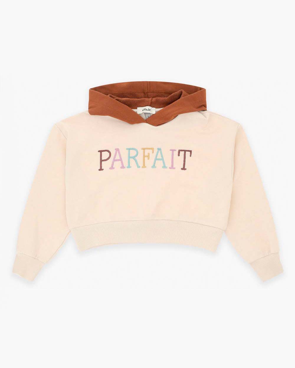 Felpa cropped Dixie in puro cotone beige con scritta 'Parfait' multicolor e cappuccio
