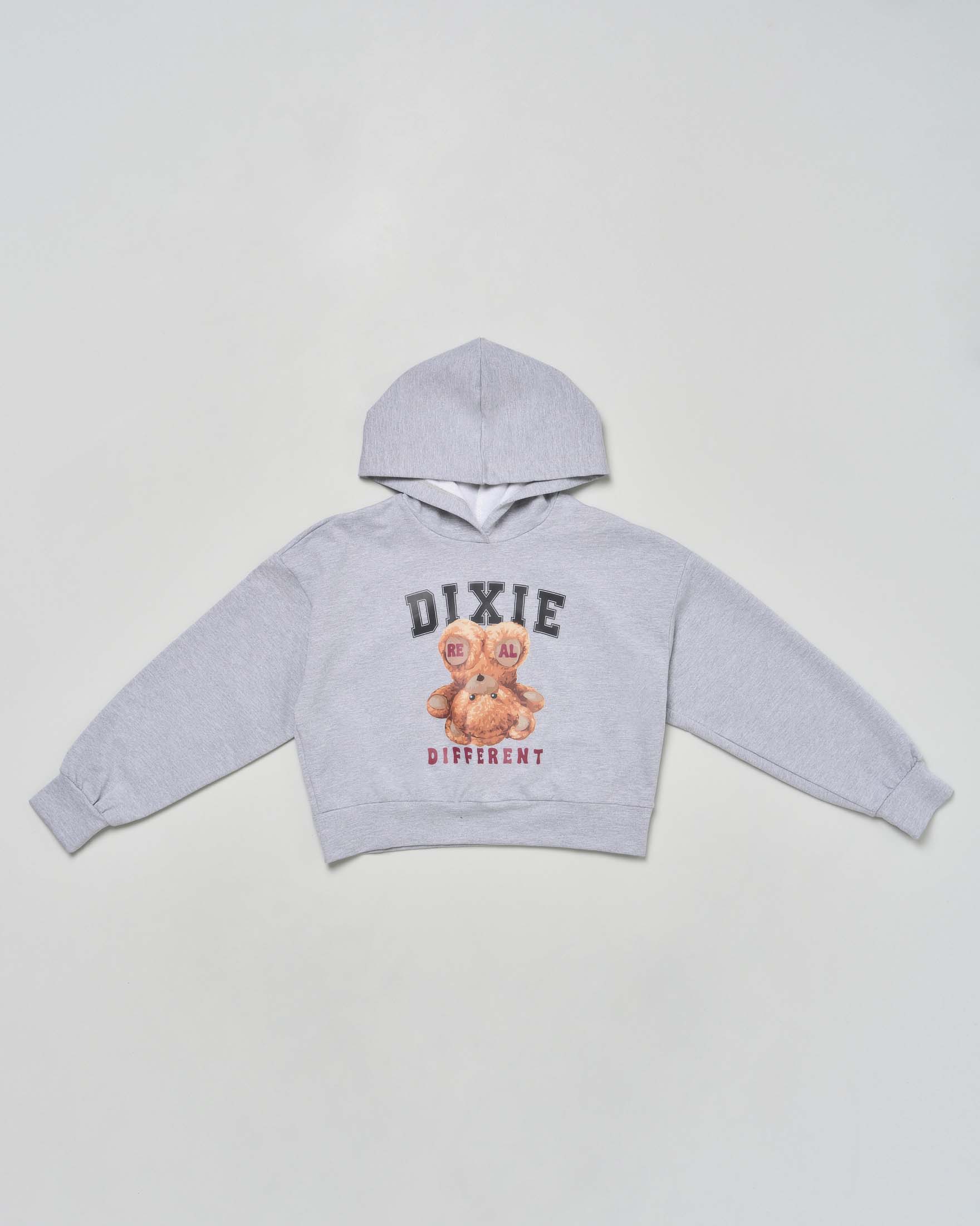 Felpa Dixie cropped grigio con cappuccio ed orsetto Real different