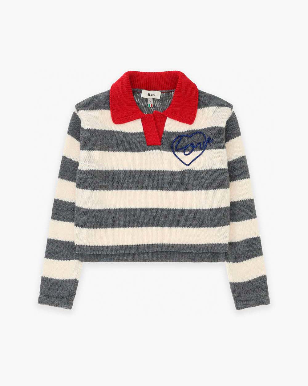 Maglioncino Dixie in misto lana a righe grigio e bianco con colletto rosso e scritta 'Love'