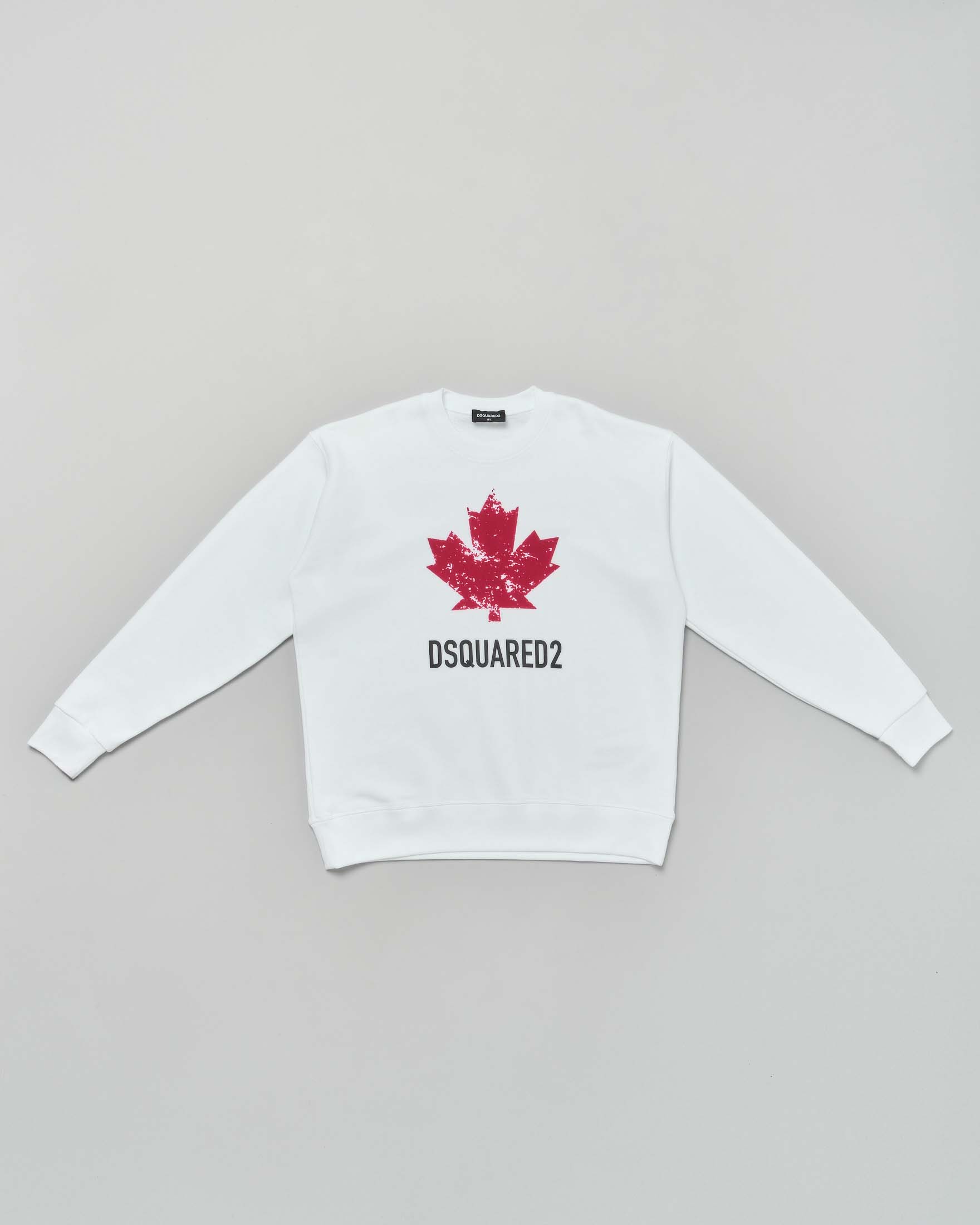 Felpa girocollo Dsquared2 bianca in puro cotone con maxi foglia logo