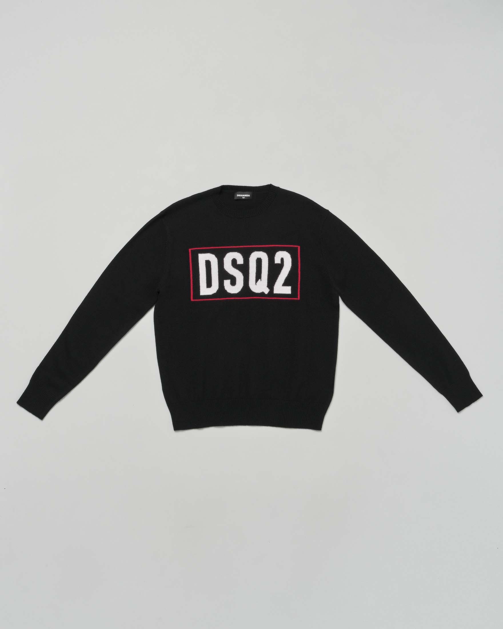 Maglioncino Dsquared2 nero in lana con scritta logo rossa e bianca