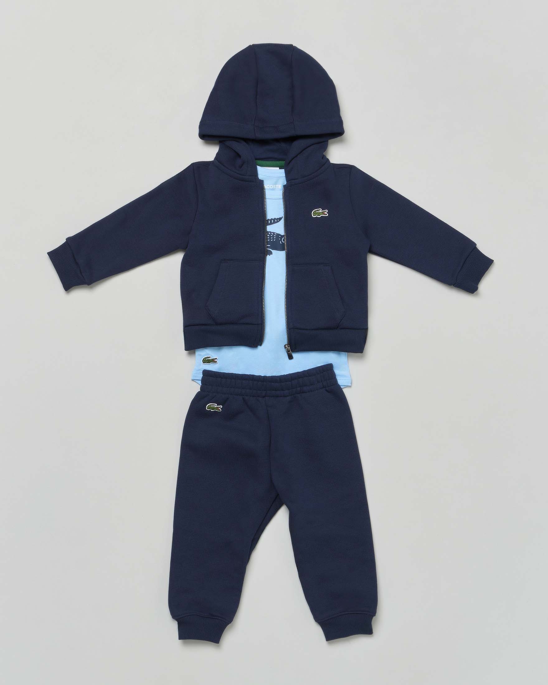Completo Lacoste felpa e pantalone blu con body bianco