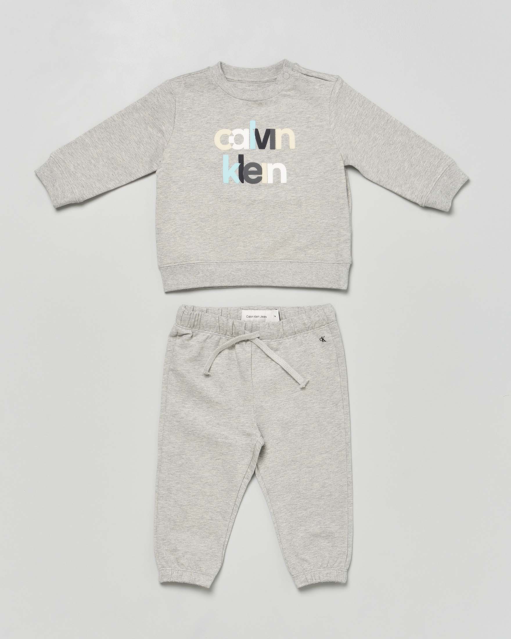 Completo maglia e pantalone grigi in cotone garzato con logo multicolor