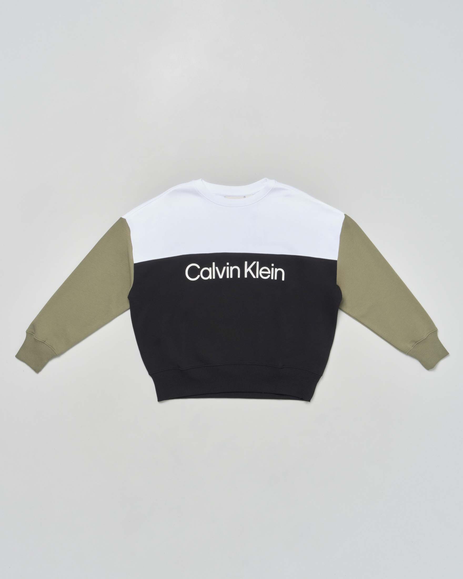 Felpa Calvin Klein color block bianco nero e verde in puro cotone garzato