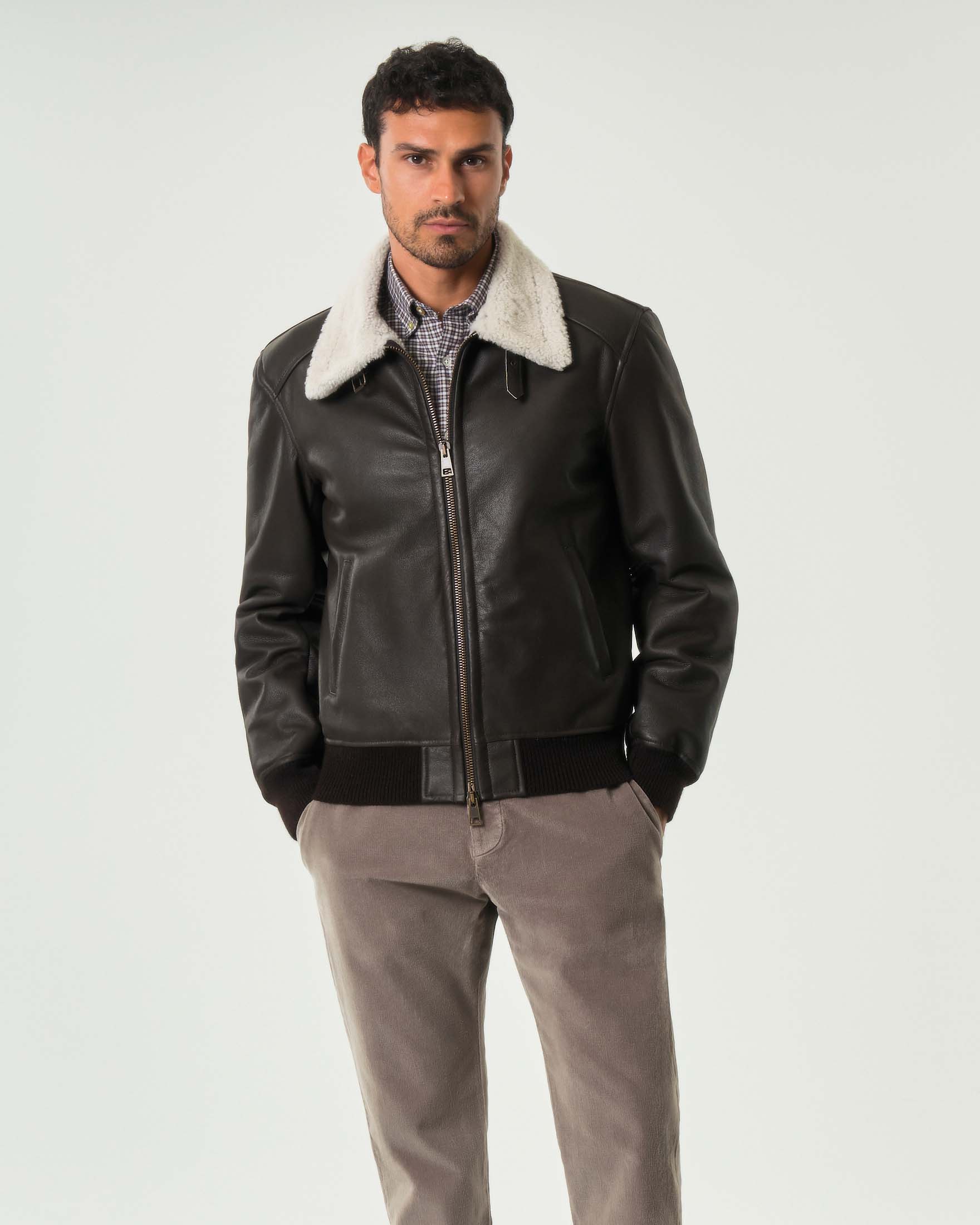My Stuff — Giacca bomber shearling My Stuff testa di moro con collo in orsetto color panna