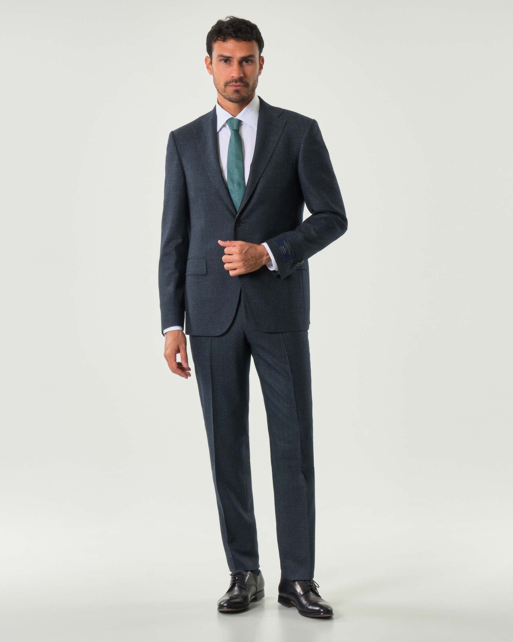 Abito Pellizzari drop6 blu micro pied de poule in tela di lana e seta Vitale Barberis Canonico