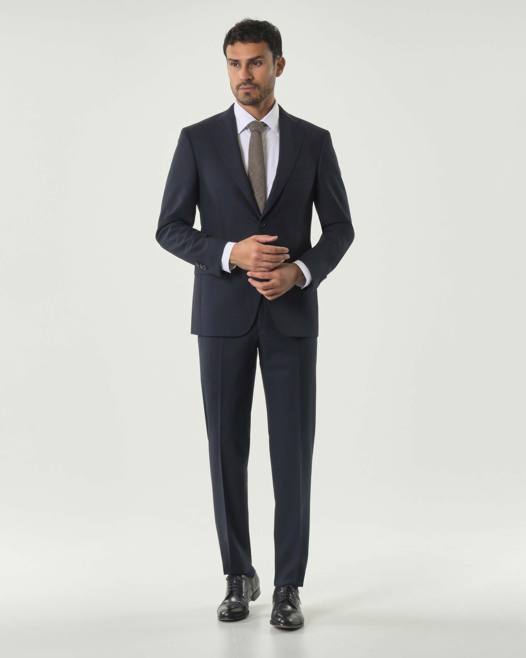 Abito Pellizzari drop7 in tela di lana Vitale Barberis Canonico principe di Galles blu e moro soffuso