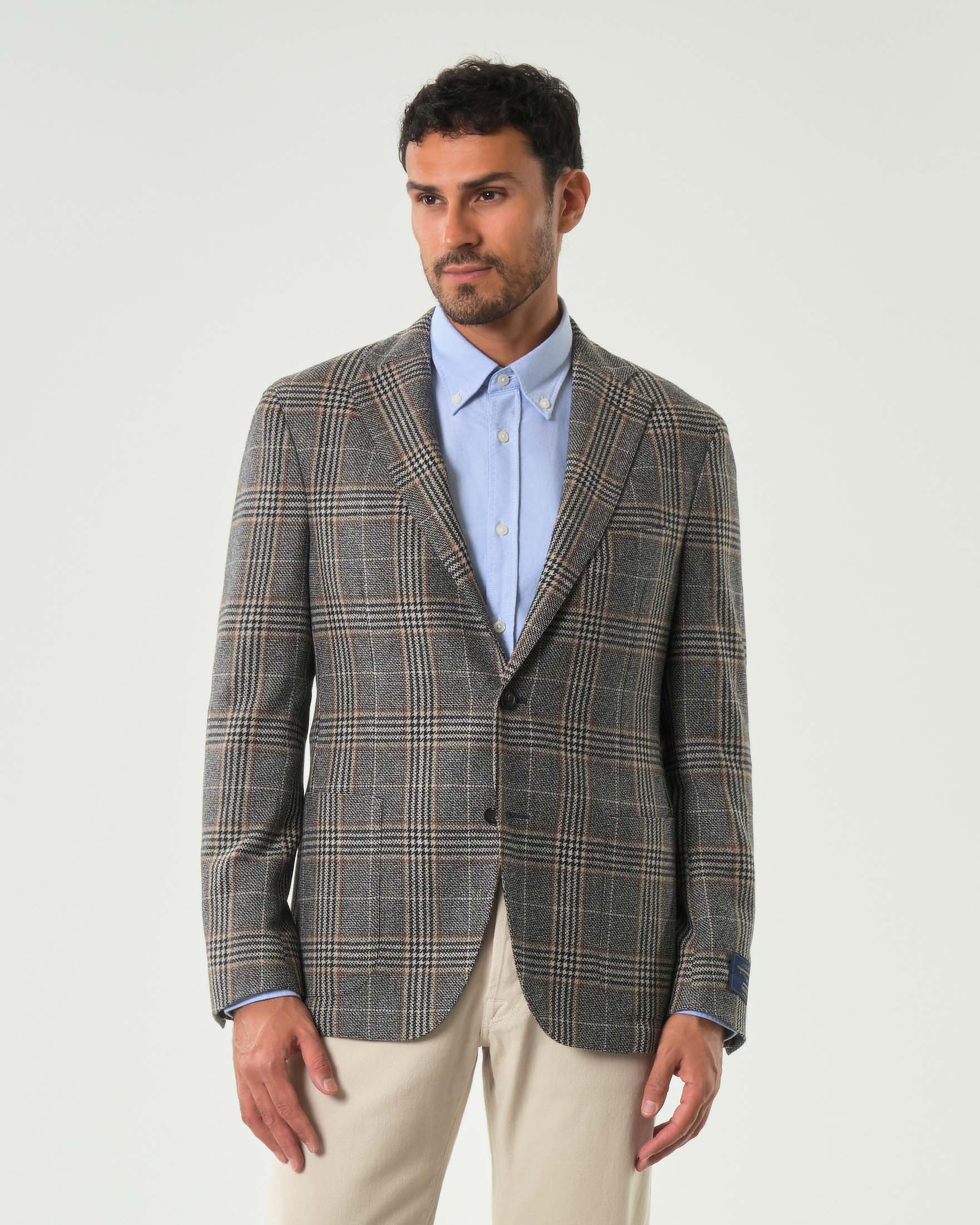 Blazer Pellizzari in lana Vitale Barberis Canonico a fantasia principe di Galles grigio e noce