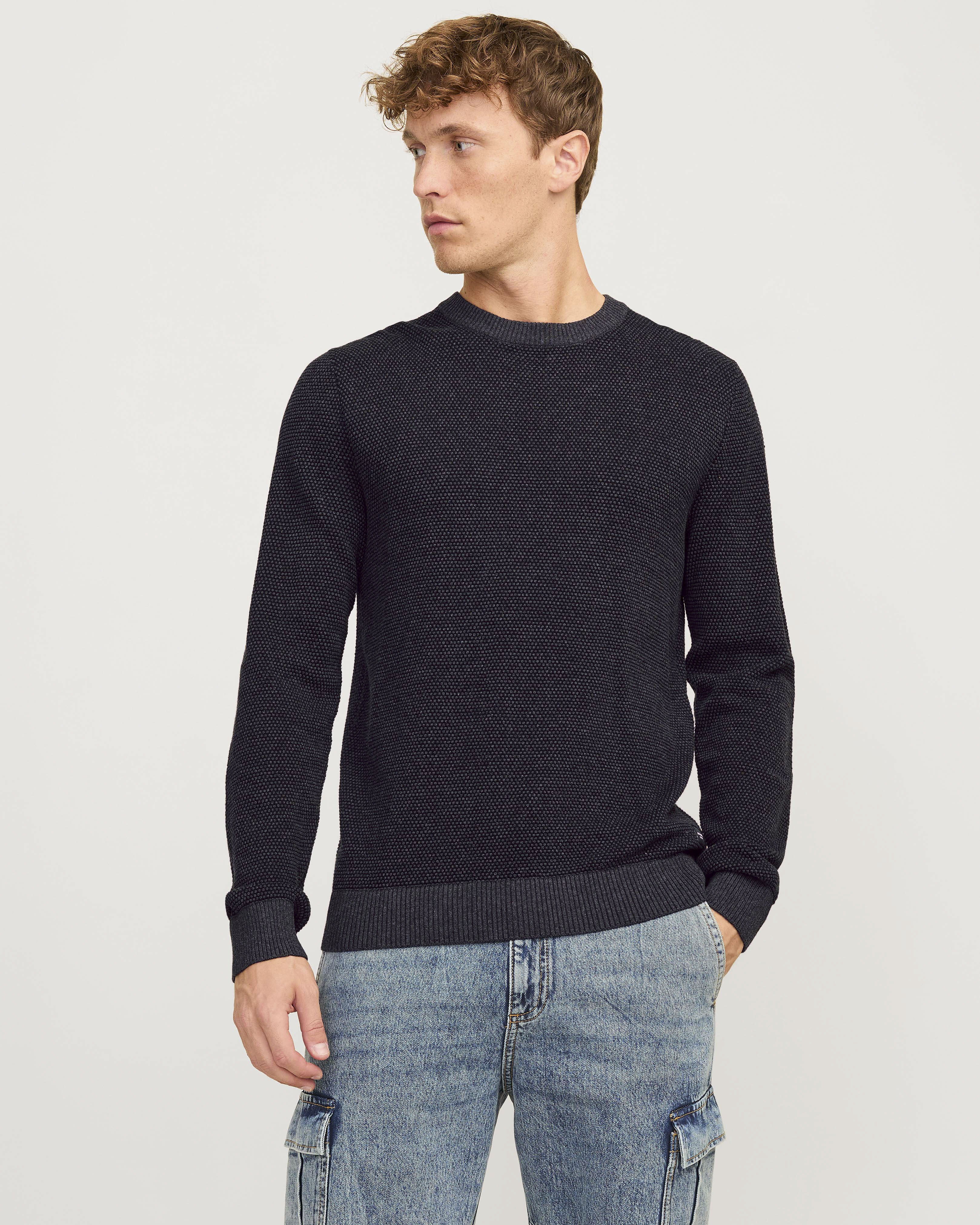 Maglia girocollo Jack & Jones grigio antracite in puro cotone punto mimosa regular-fit con etichetta logo sul fianco