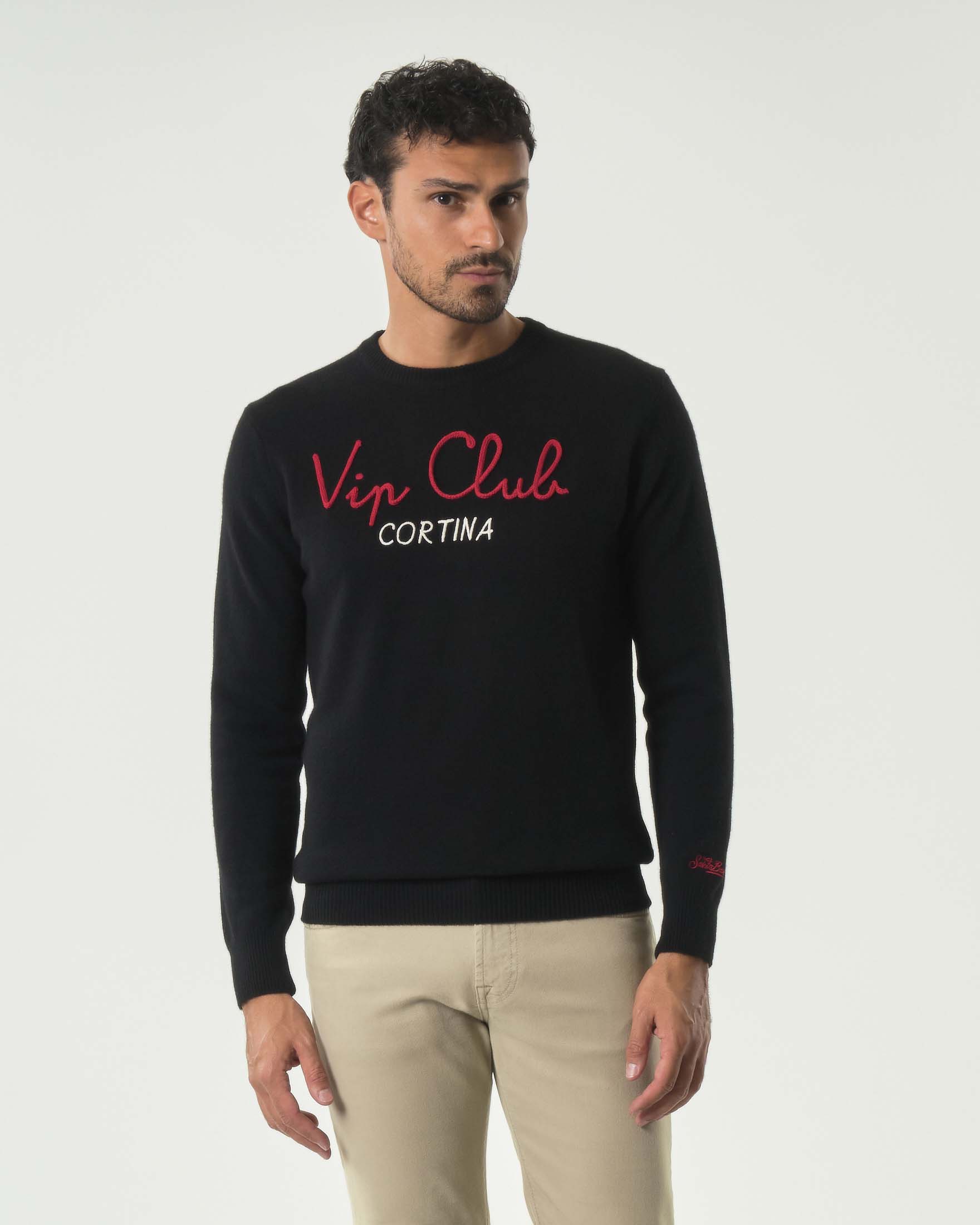 Maglia girocollo MC2 Saint Barth nera in lana e cashmere con ricamo Vip Club Cortina